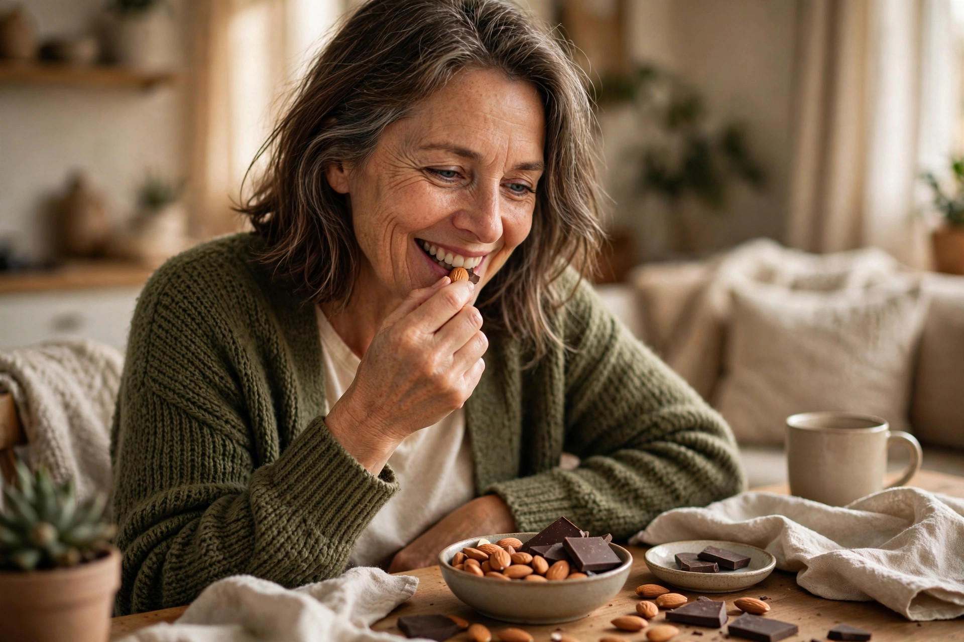 Woman in her 50s snacking on almonds at home