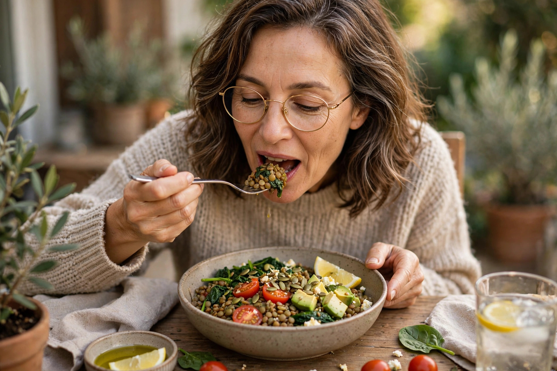Woman in her 50s eating a lentil and spinach bowl