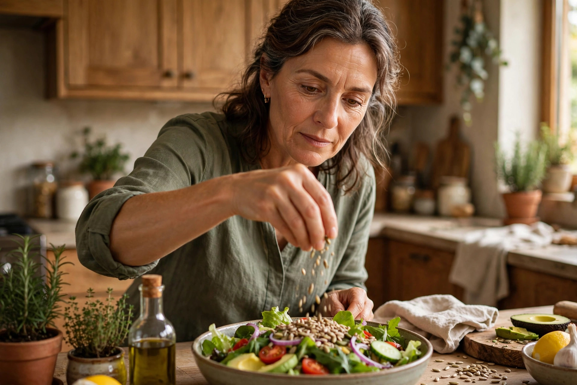 Woman in her 50s sprinkling seeds over a salad
