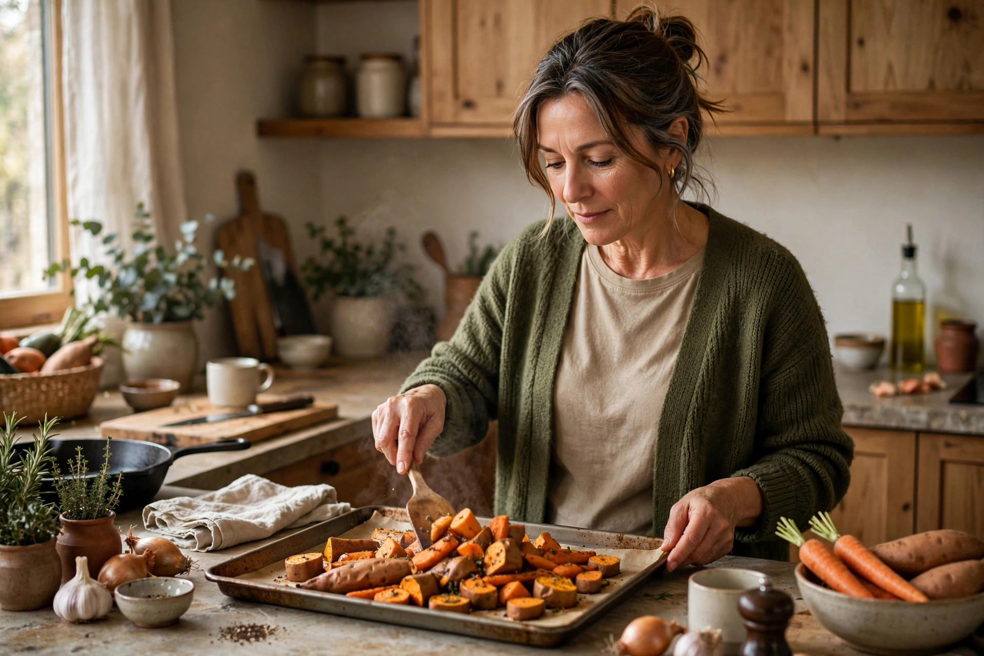 Woman in her 50s roasting sweet potatoes and carrots