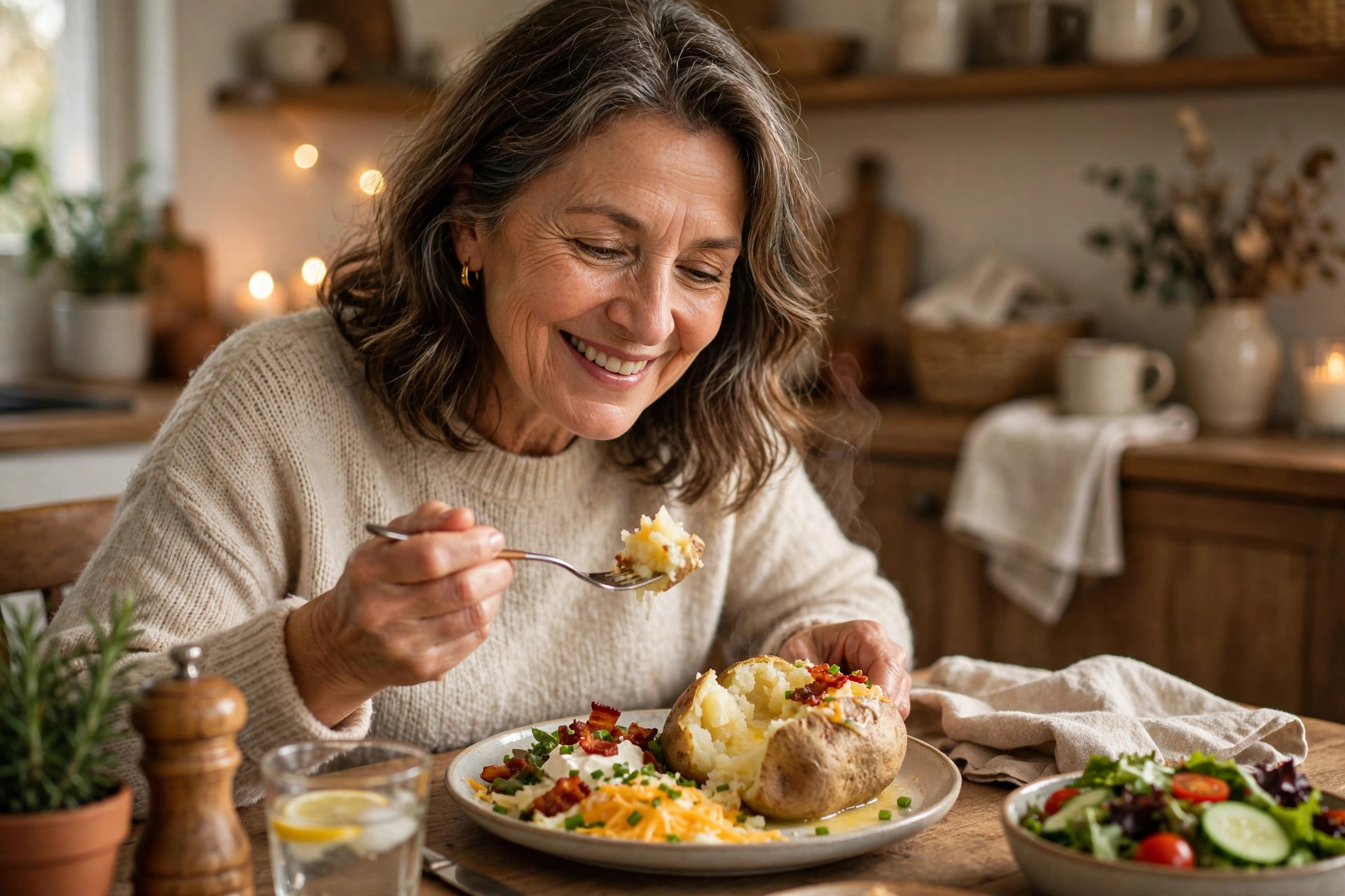 Woman in her 50s enjoying a baked potato dinner