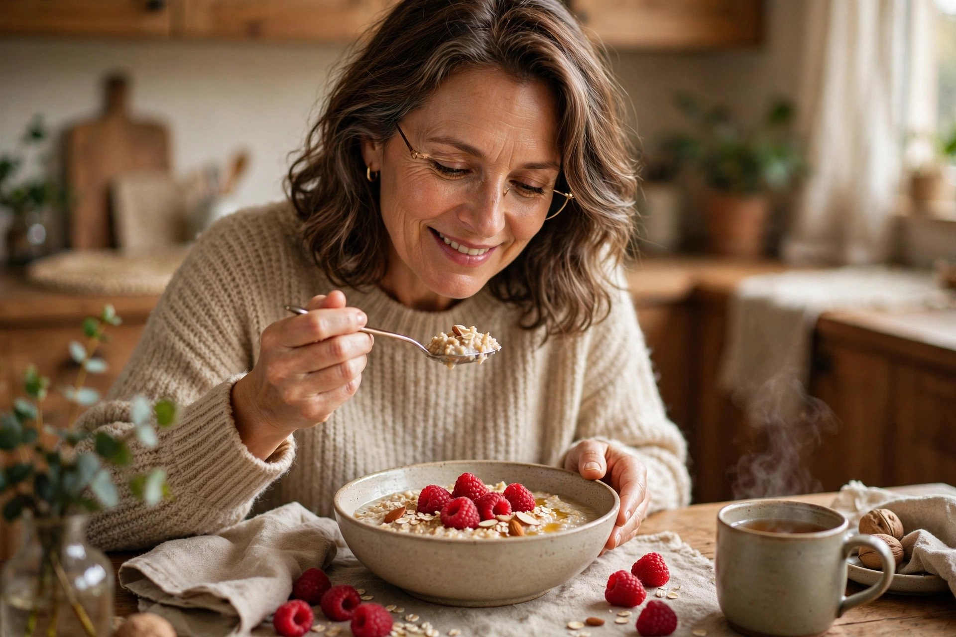 Woman in her 50s enjoying oatmeal with raspberries