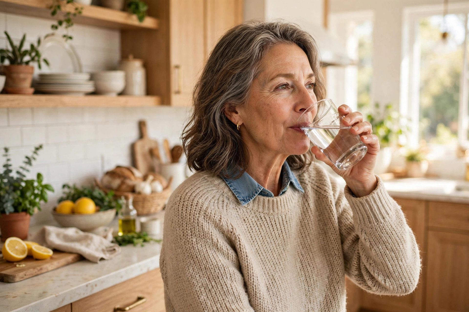 Woman in her 50s drinking water in a bright kitchen