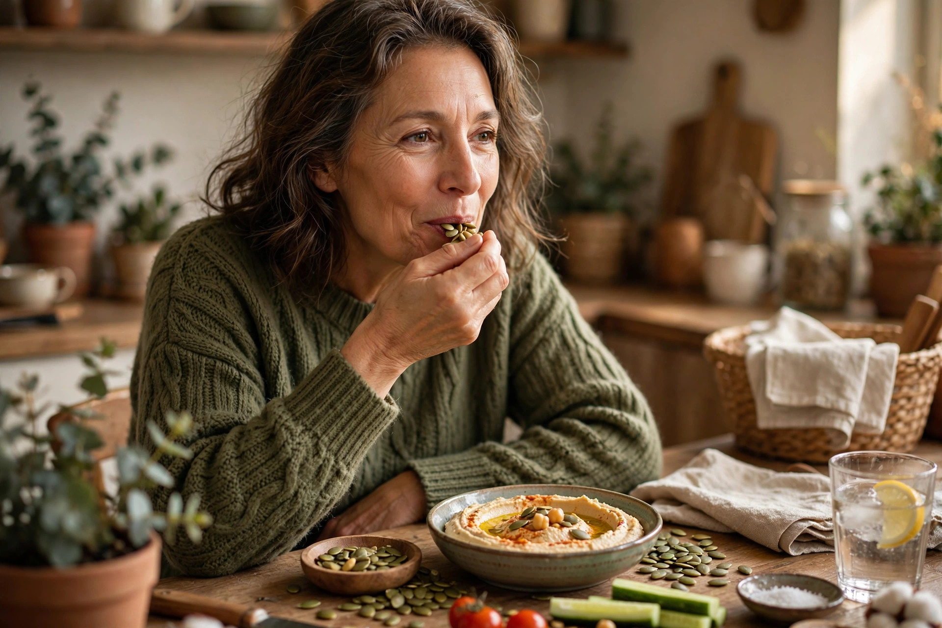 Woman in her 50s snacking on pumpkin seeds and hummus