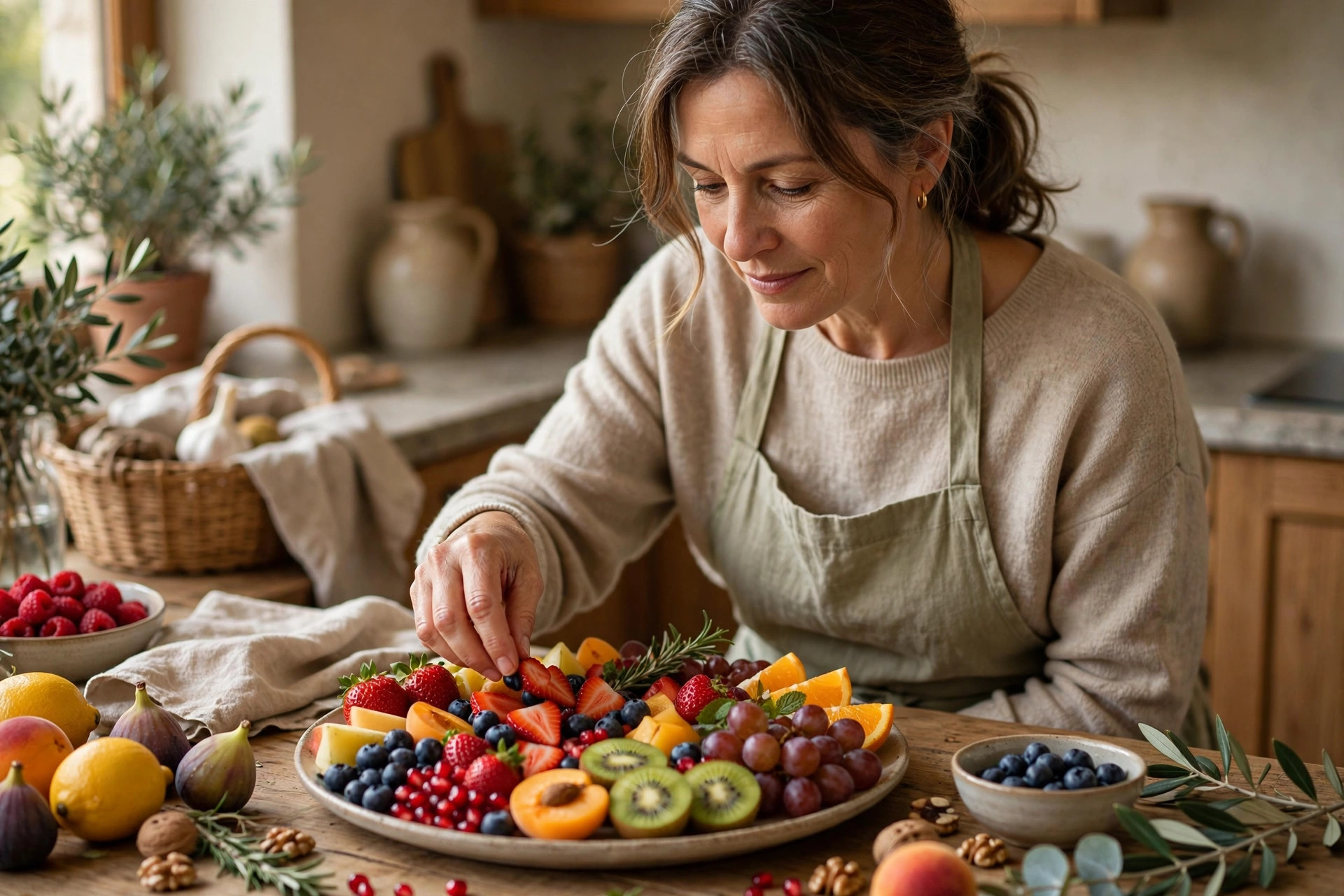 Woman in her 50s arranging colorful fruits on a platter