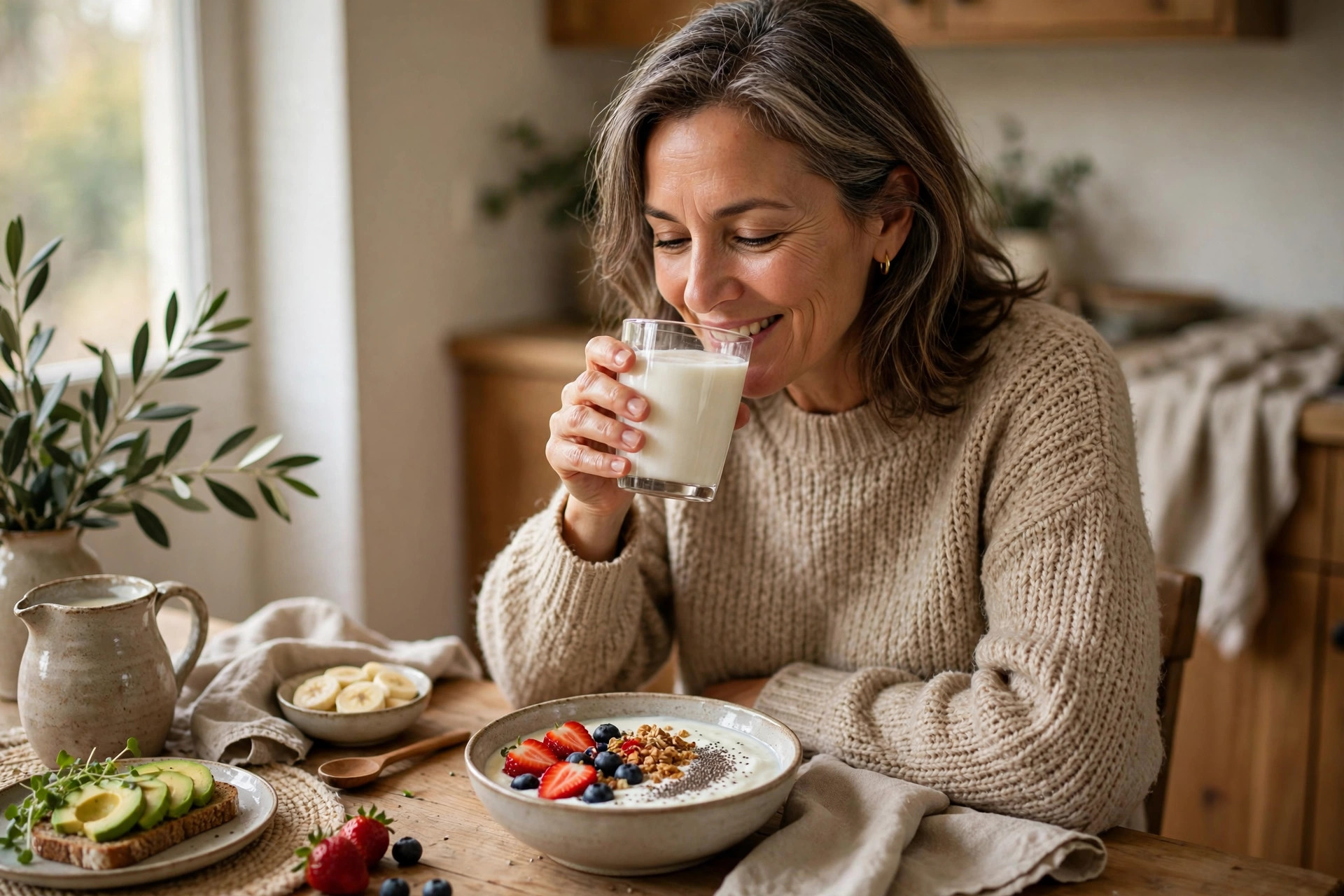 Woman in her 50s enjoying kefir at breakfast