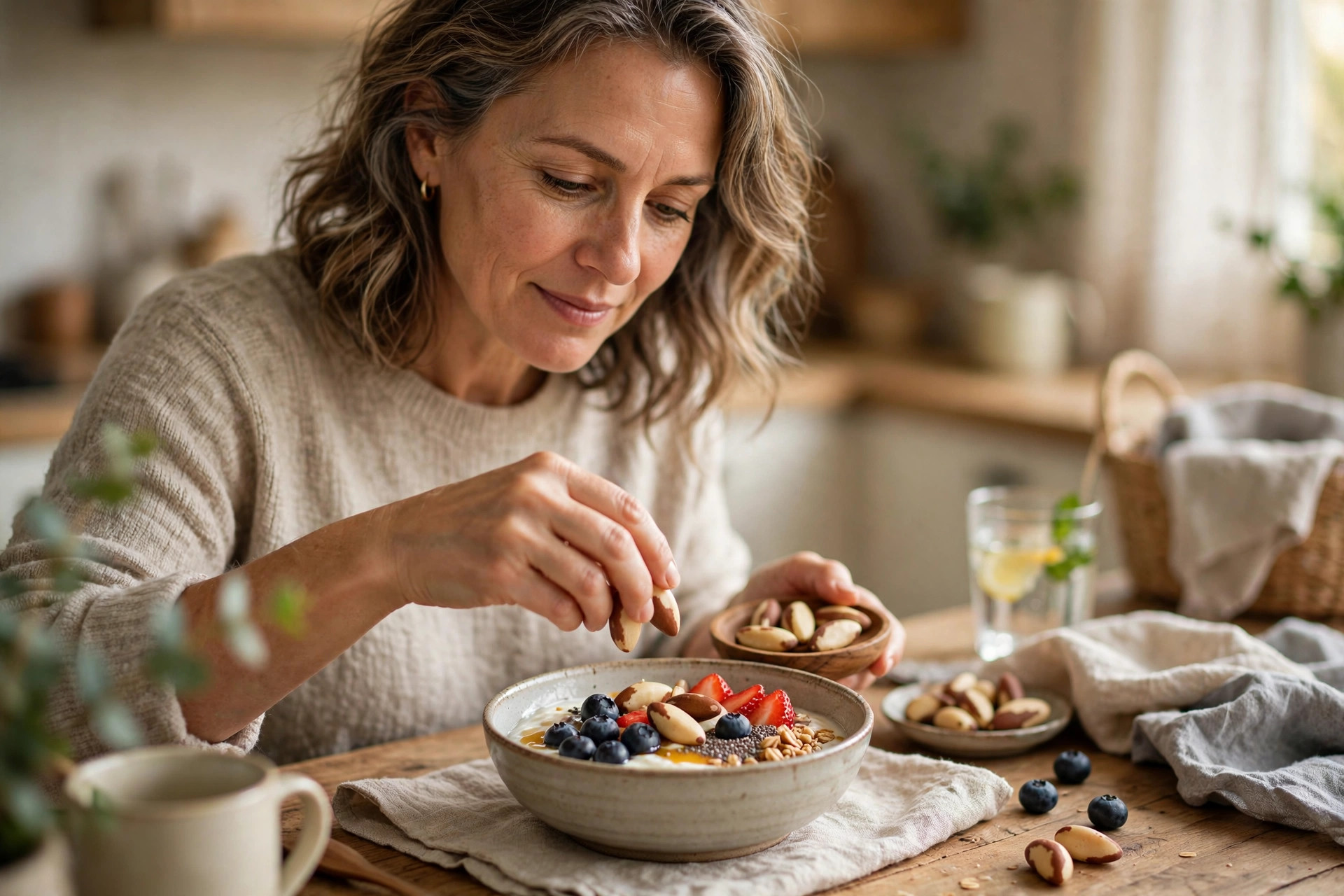 Woman in her 50s adding Brazil nuts to breakfast