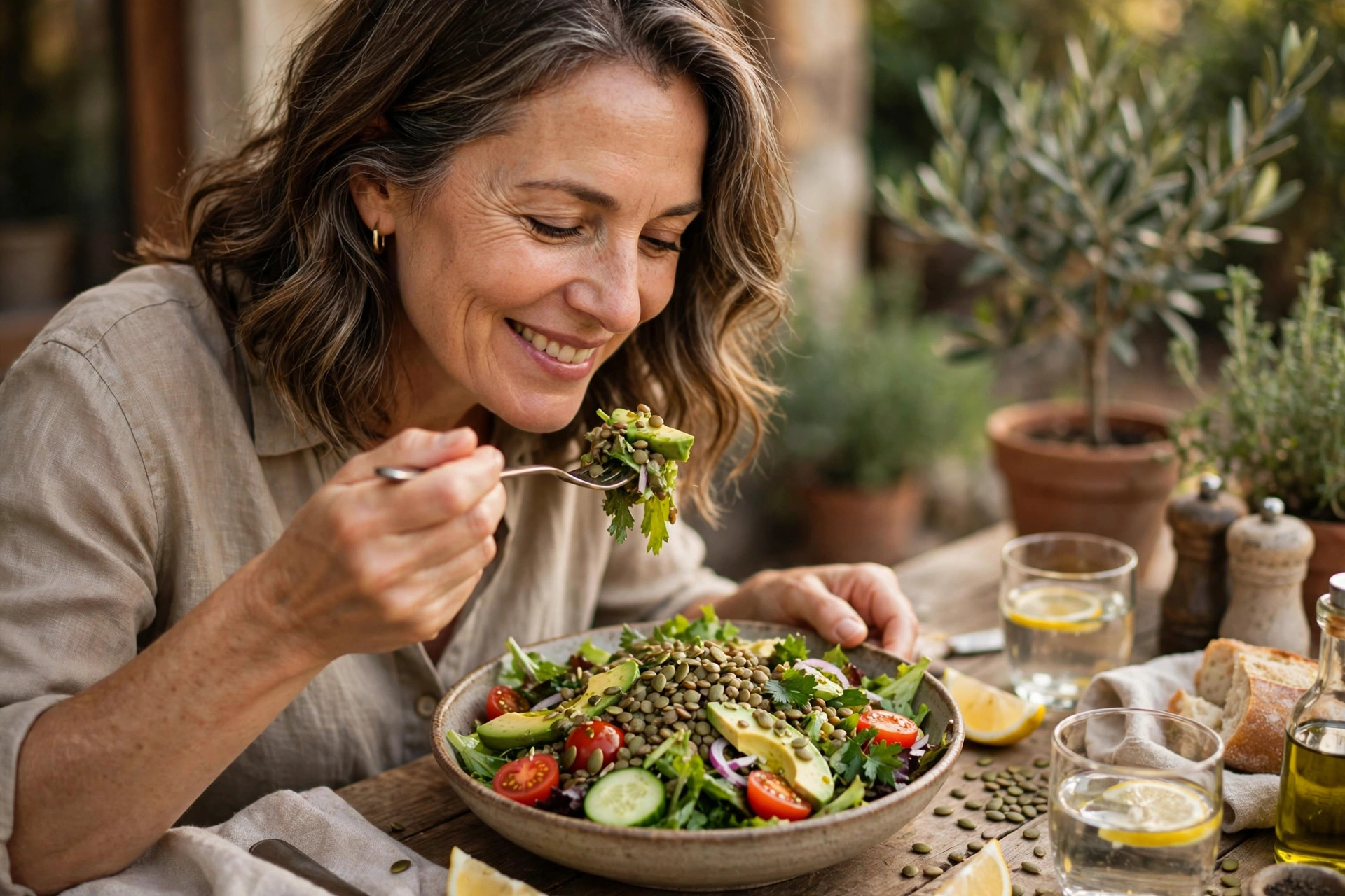 Woman in her 50s enjoying a green salad with lentils