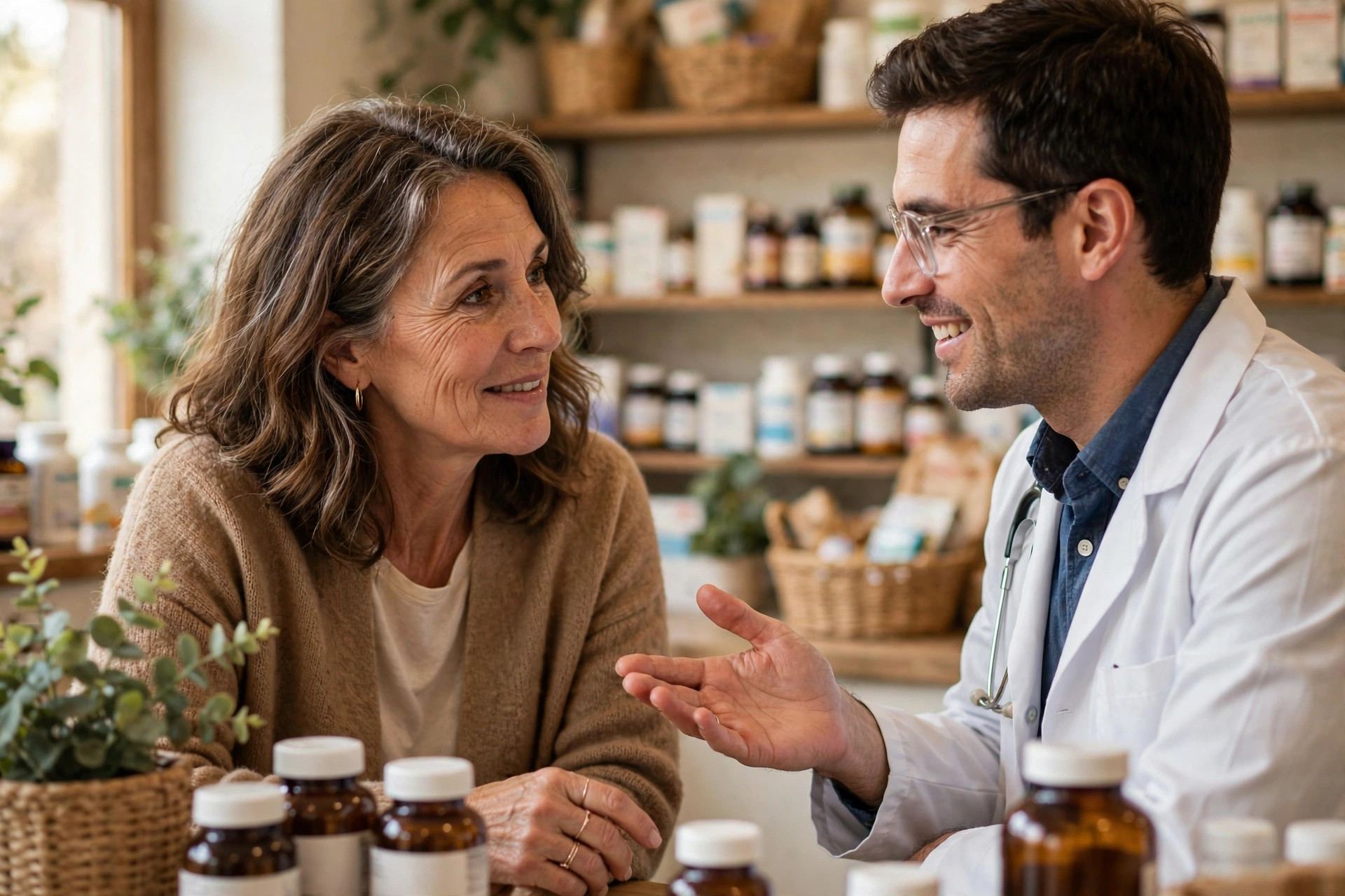 Woman in her 50s discussing supplements with her pharmacist