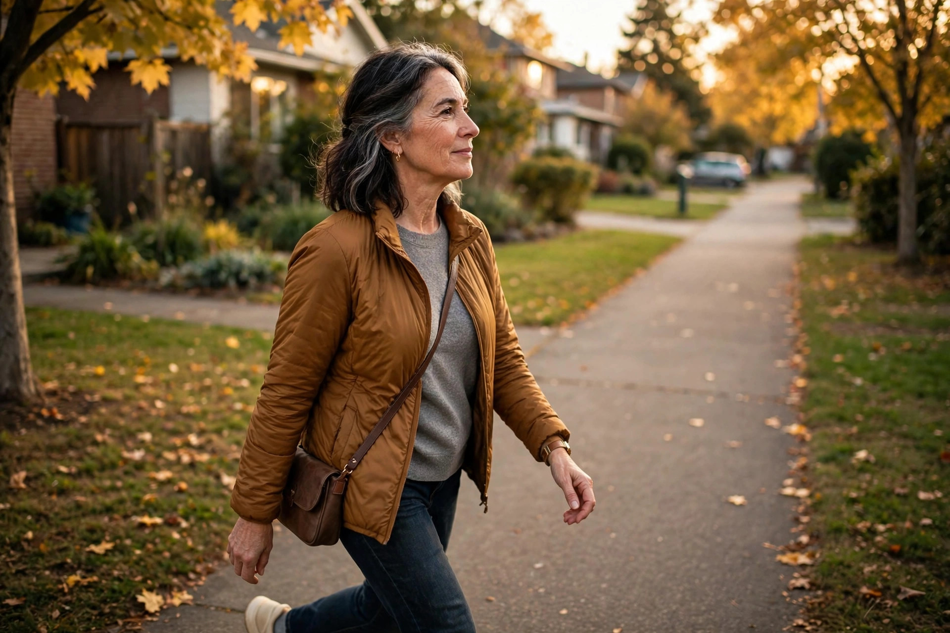 Woman in her 50s walking on a flat neighborhood path