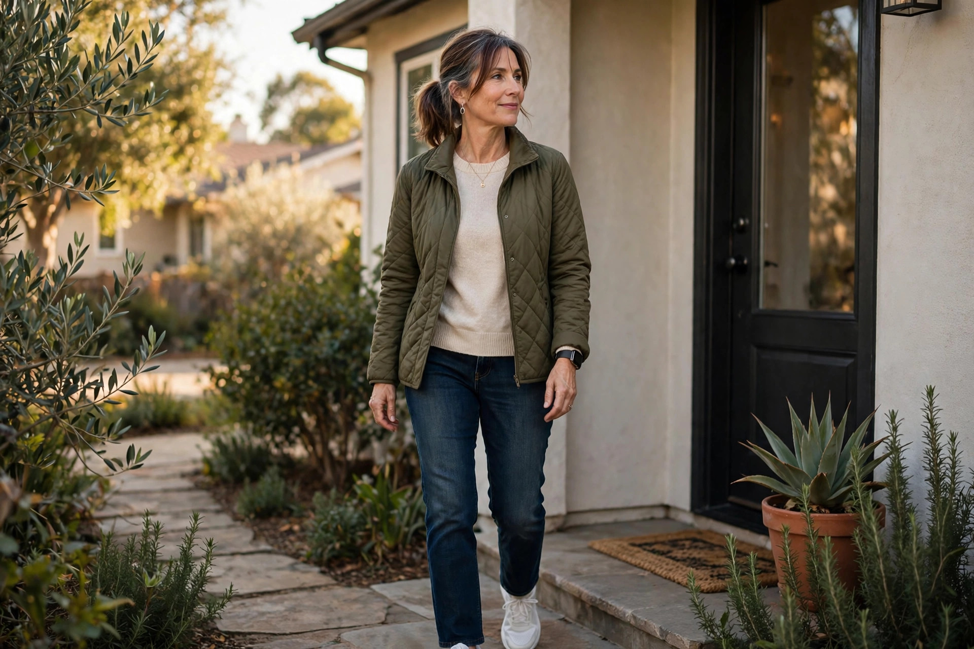 Woman in her 50s starting a short walk outside her home