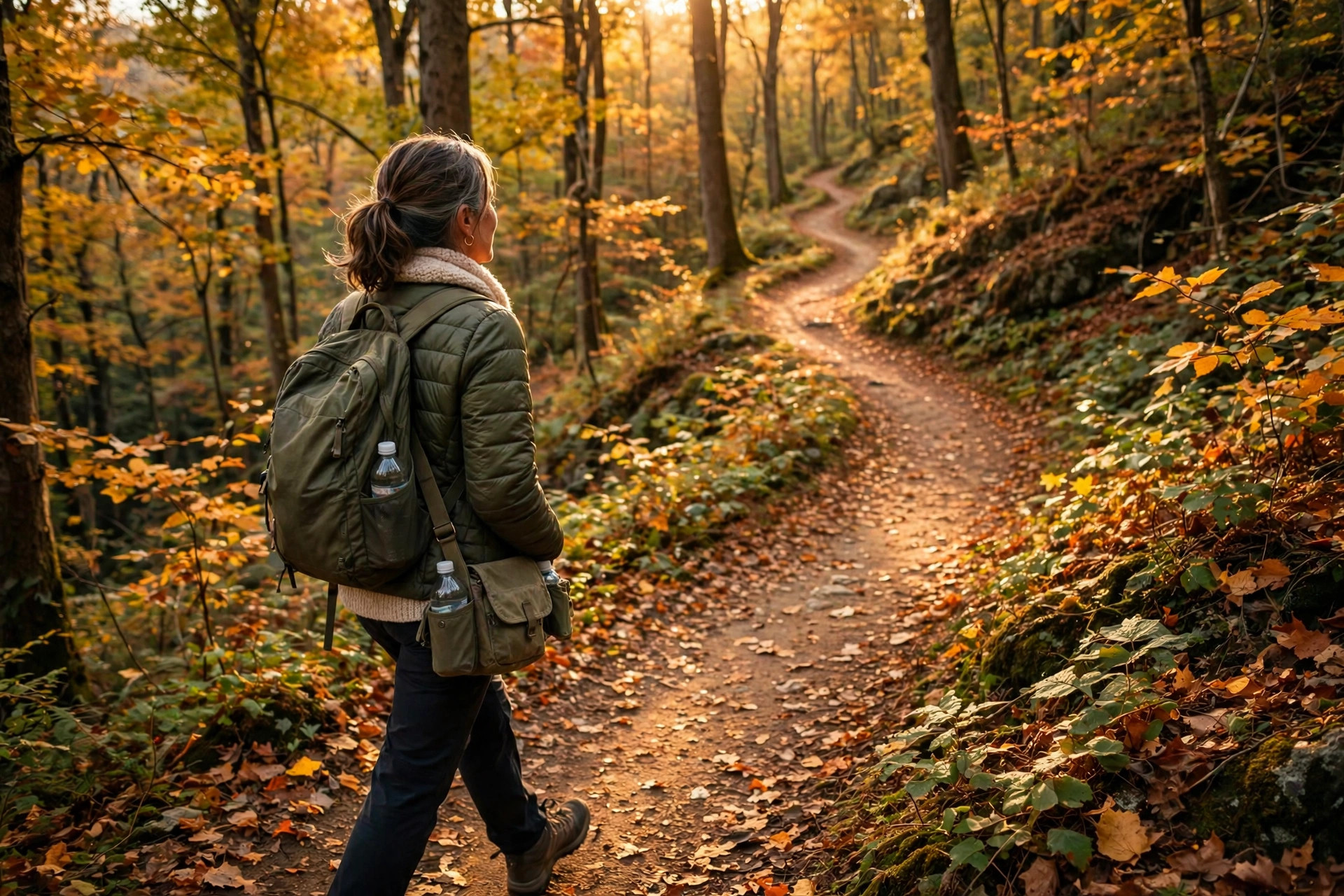 Woman in her 50s walking a longer route through trees