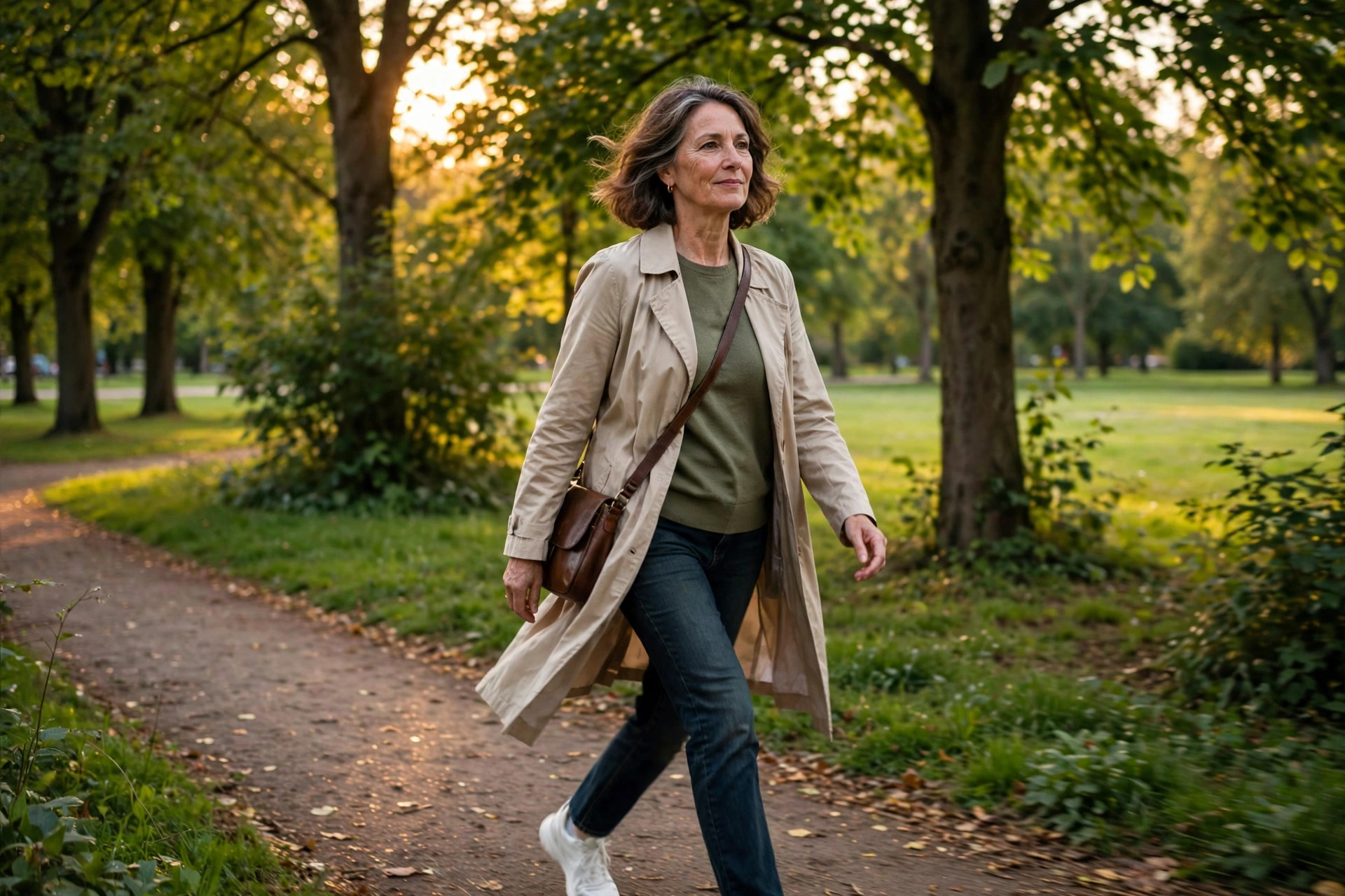 Woman in her 50s walking confidently in a green park