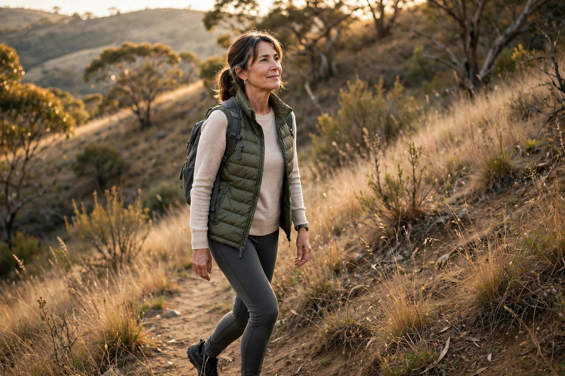 Woman in her 50s walking up a gentle hill