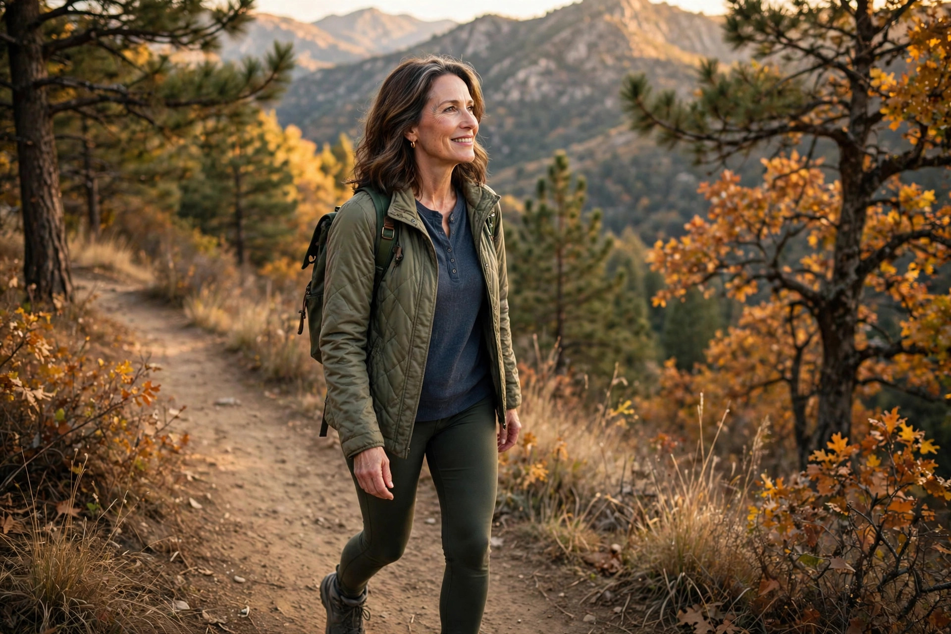 Woman in her 50s on a long scenic weekend walk