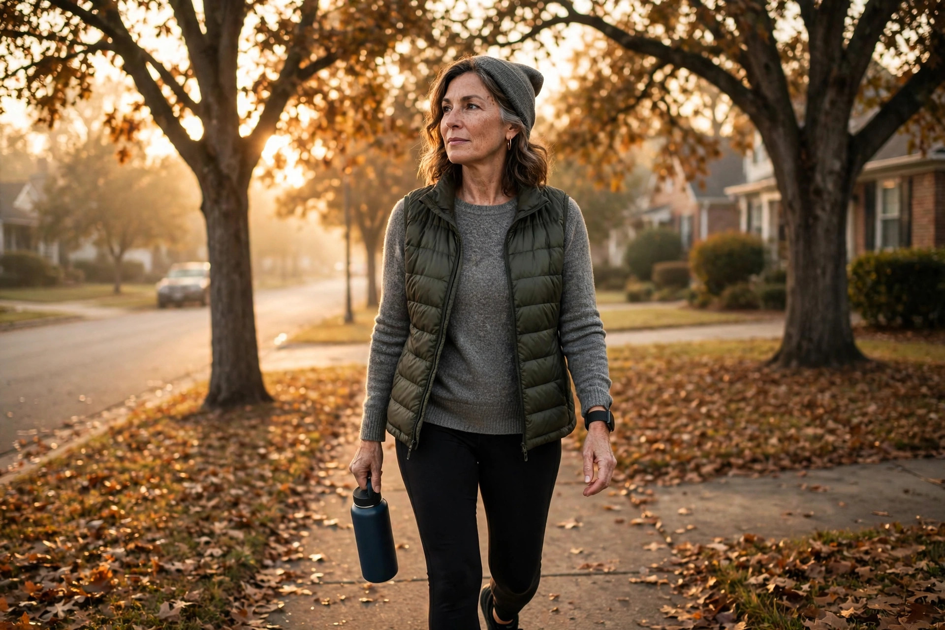 Woman in her 50s walking her daily route at sunrise