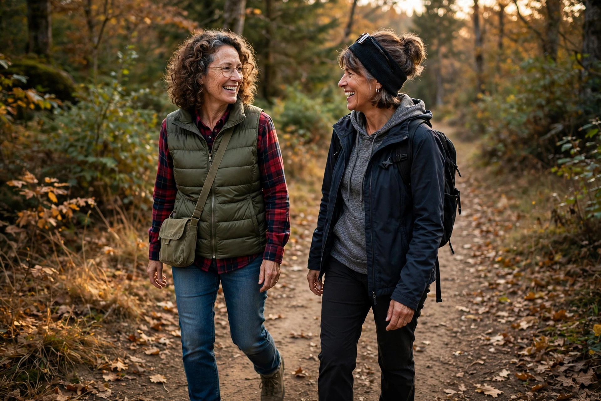 Two women in their 50s walking together on a trail