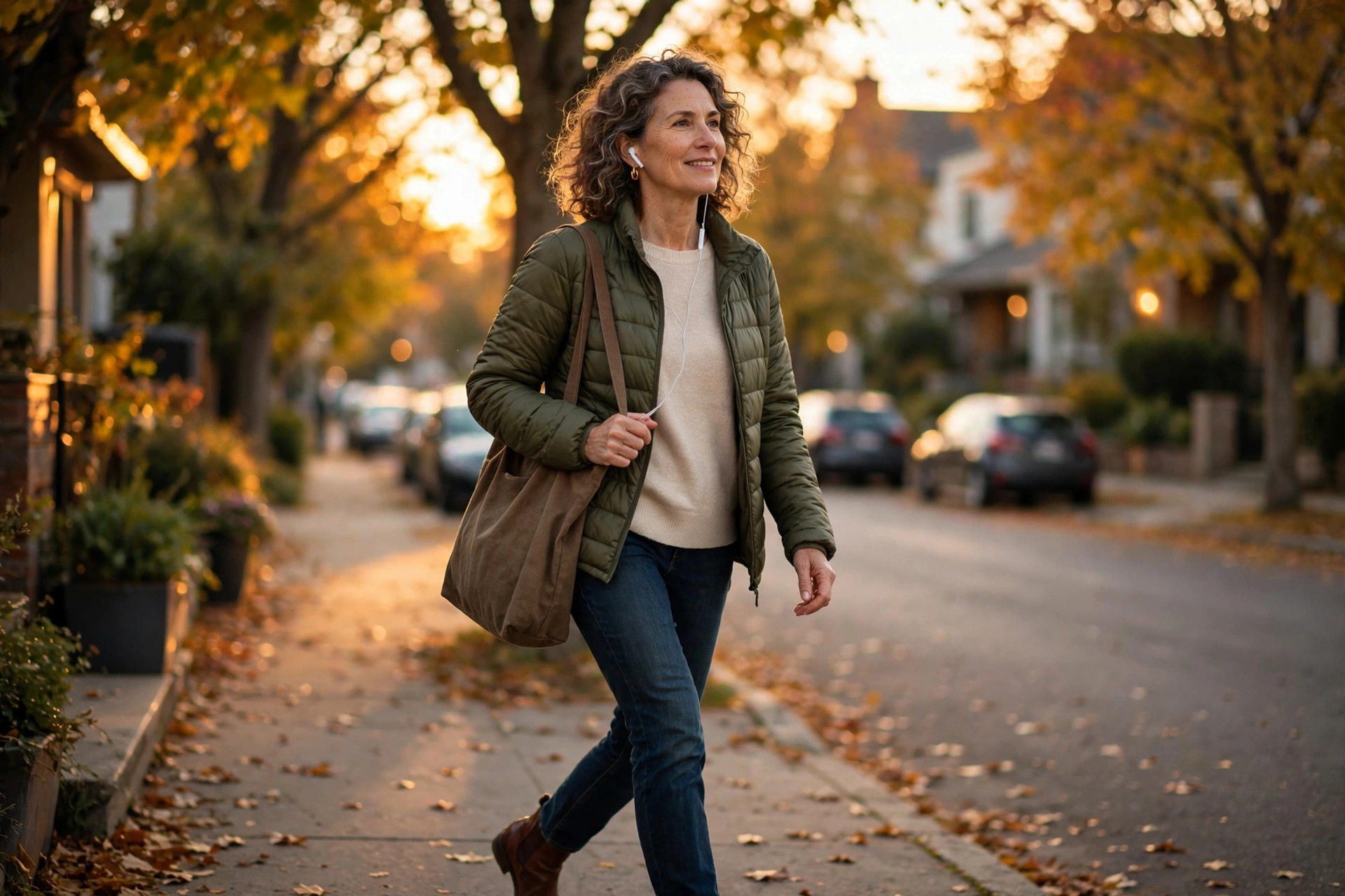 Woman in her 50s walking with earbuds