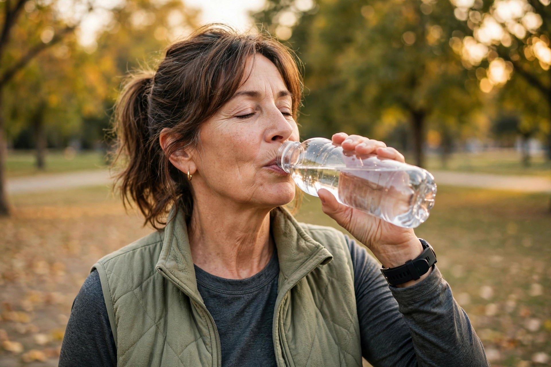 Woman in her 50s drinking water after a walk