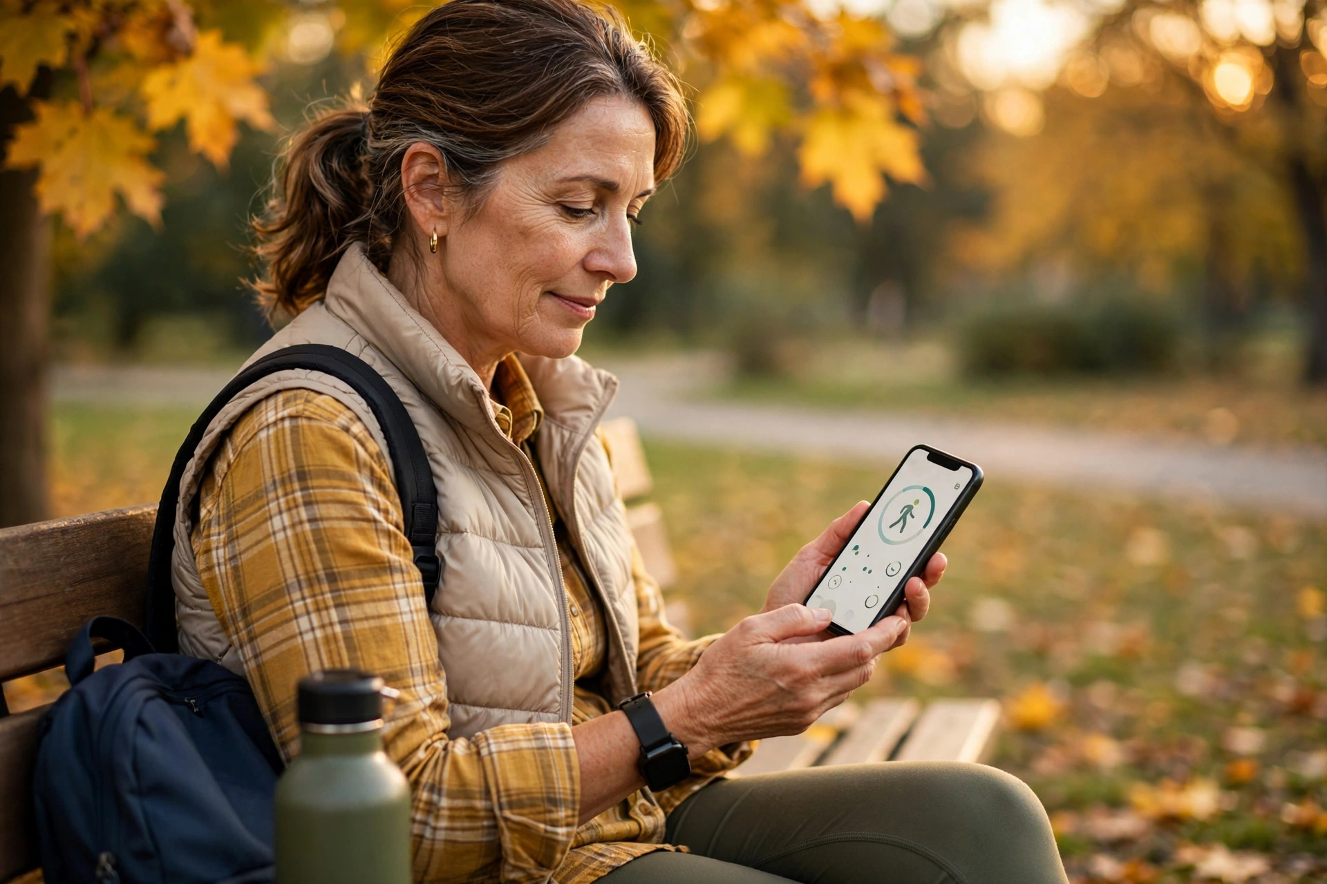 Woman in her 50s checking her walking app