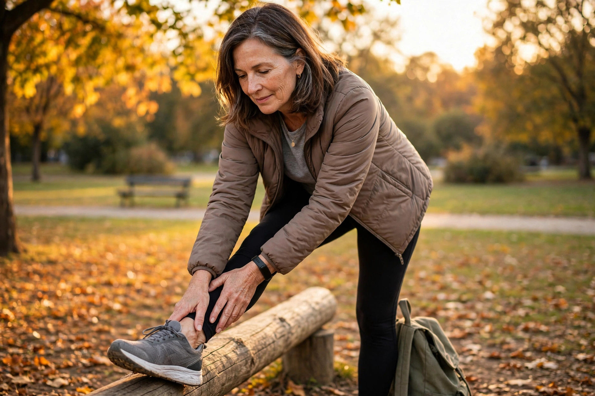 Woman in her 50s stretching after a walk