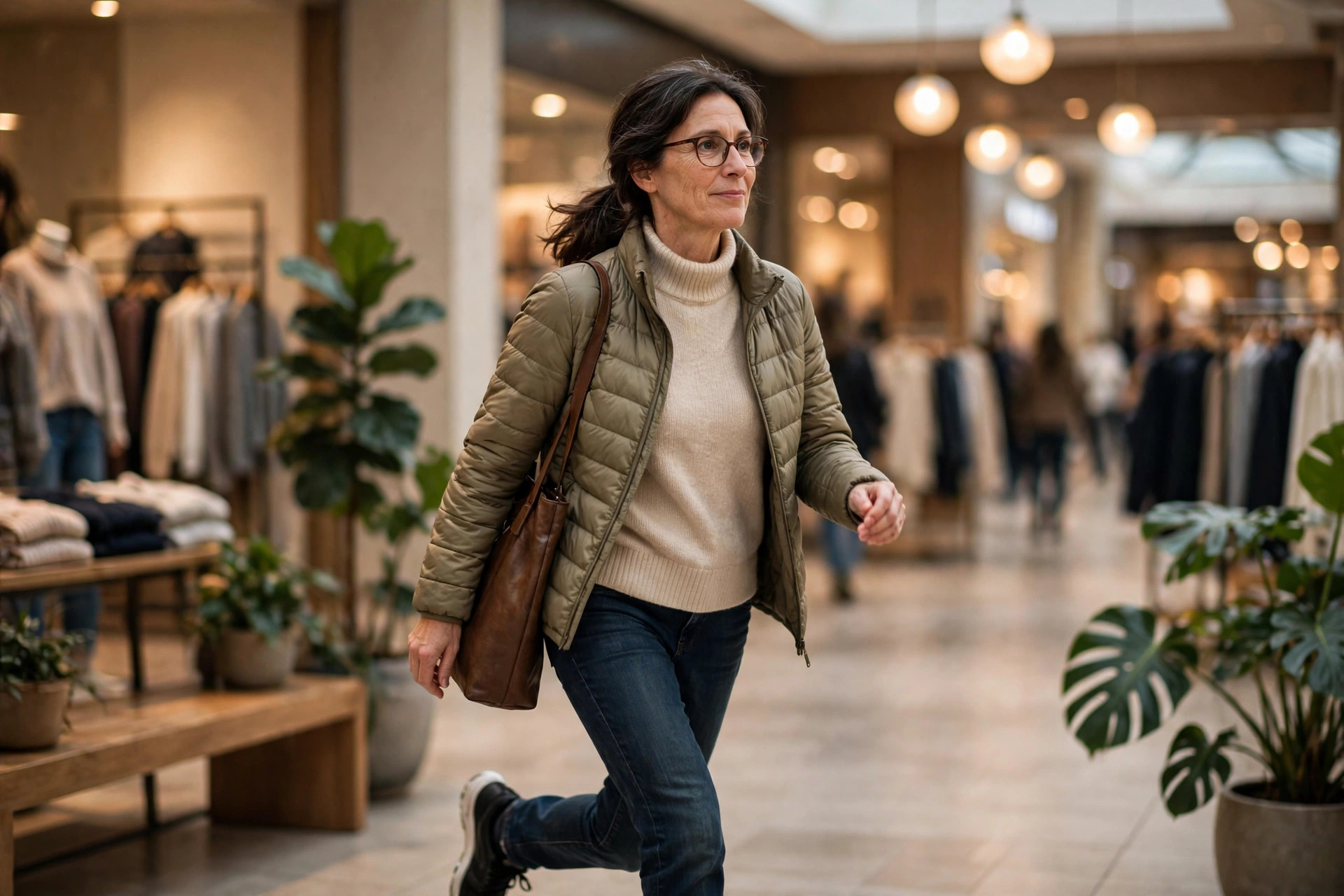Woman in her 50s walking in a shopping mall