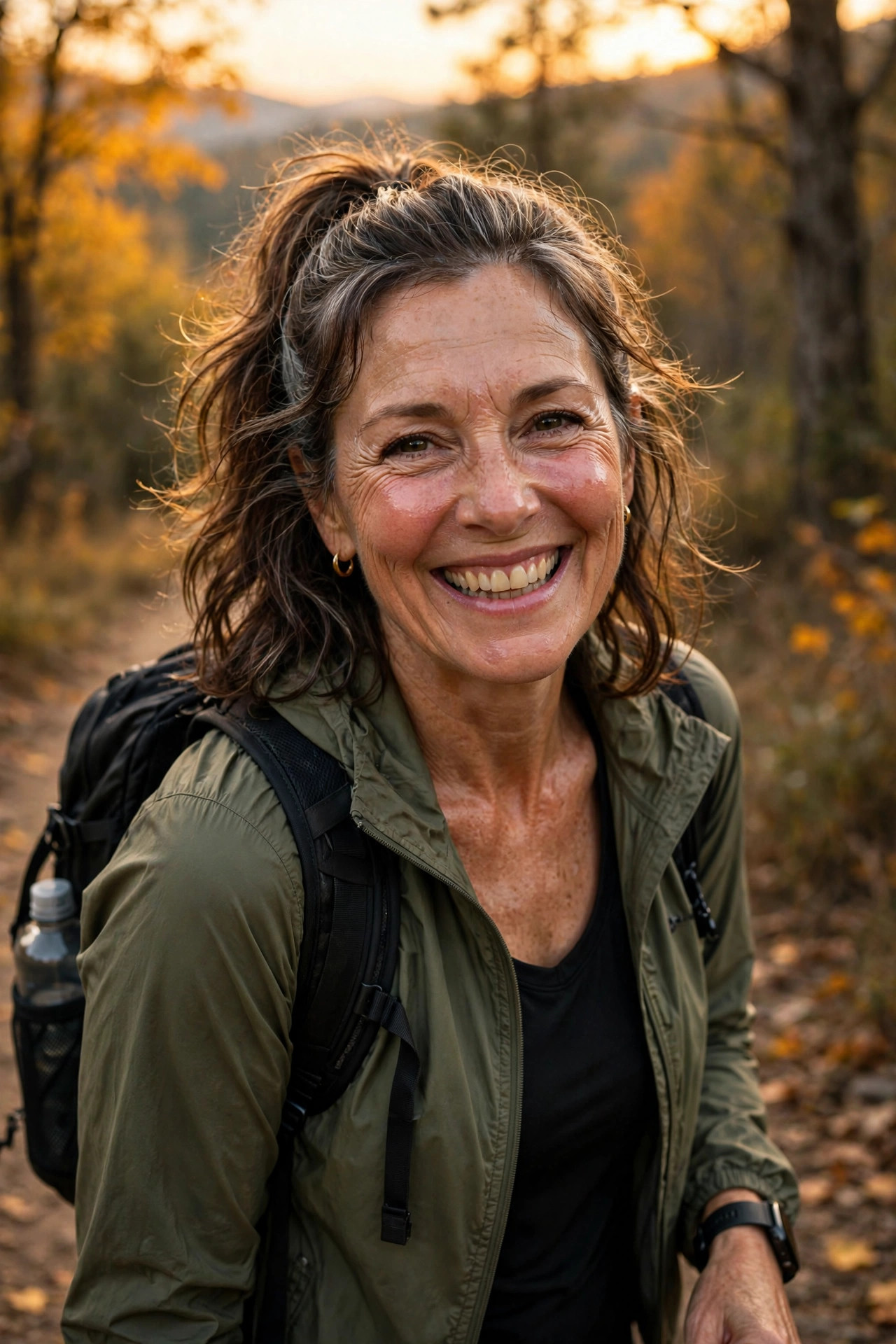 Woman in her 50s smiling triumphantly after a walk
