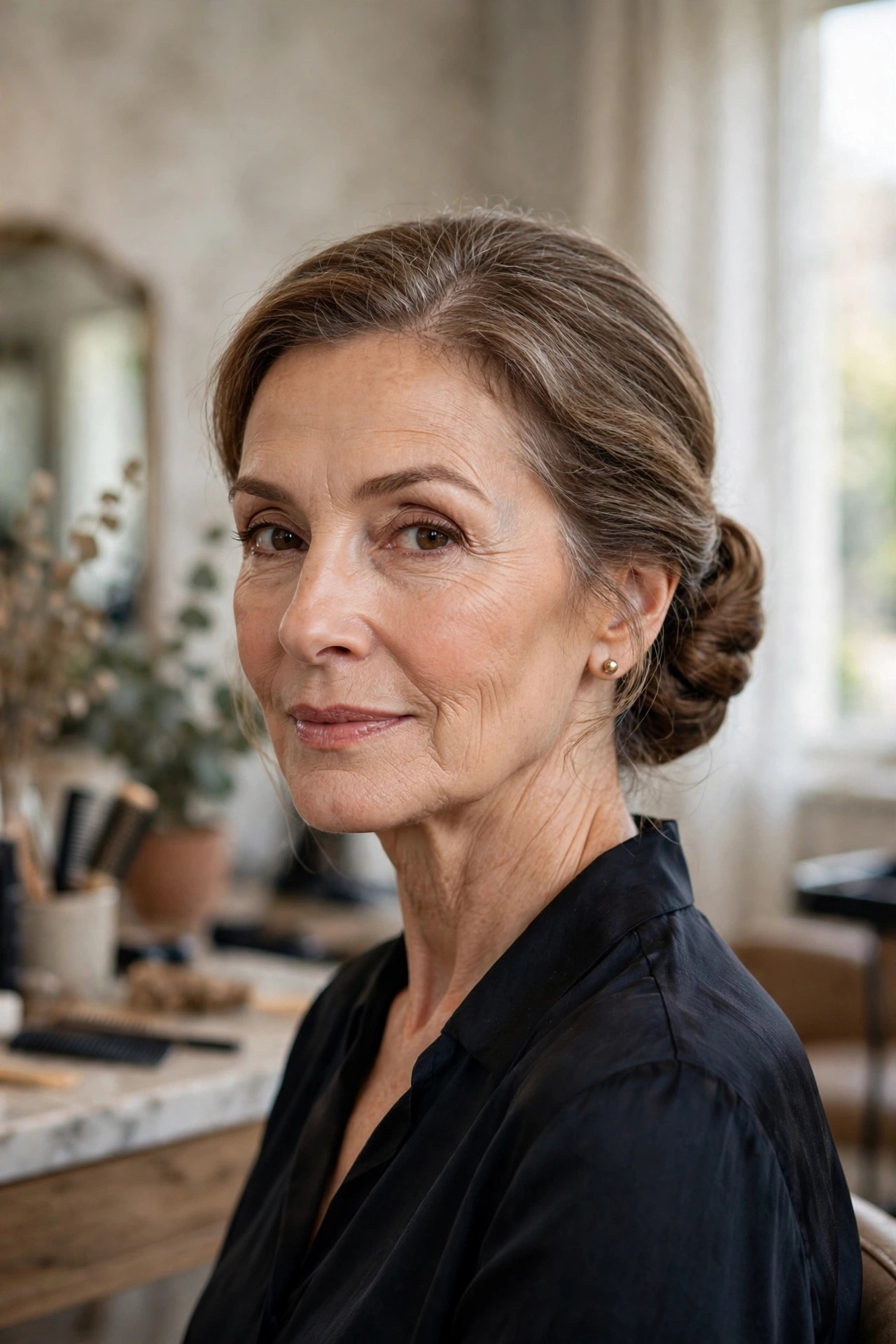 Woman over 50 with classic low chignon at the nape, timeless elegant updo