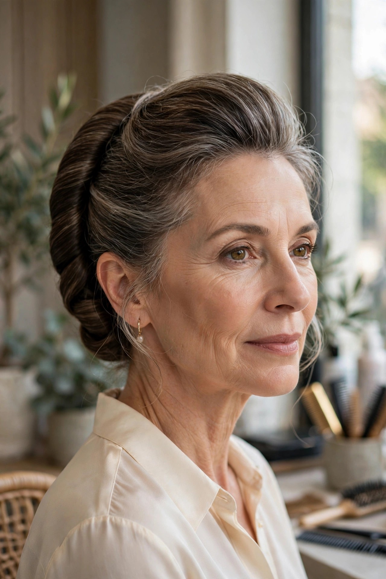 Woman over 50 with elegant French roll updo, vertical roll with soft finish