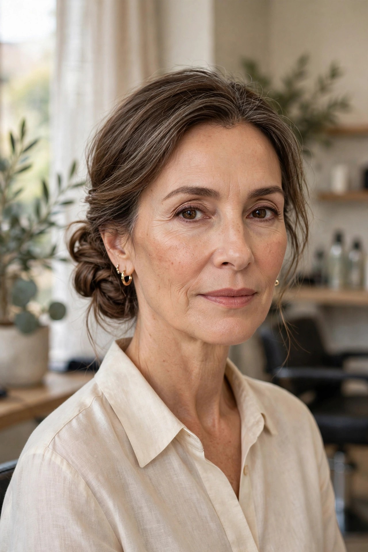 Woman over 50 with low knotted bun at the nape, soft artful knot
