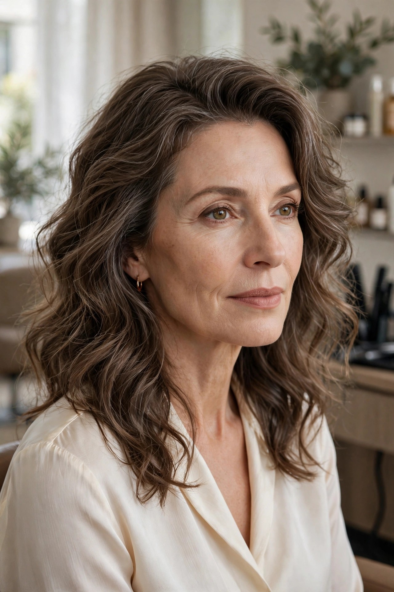 Woman over 50 with loose romantic brushed-out waves and deep side part