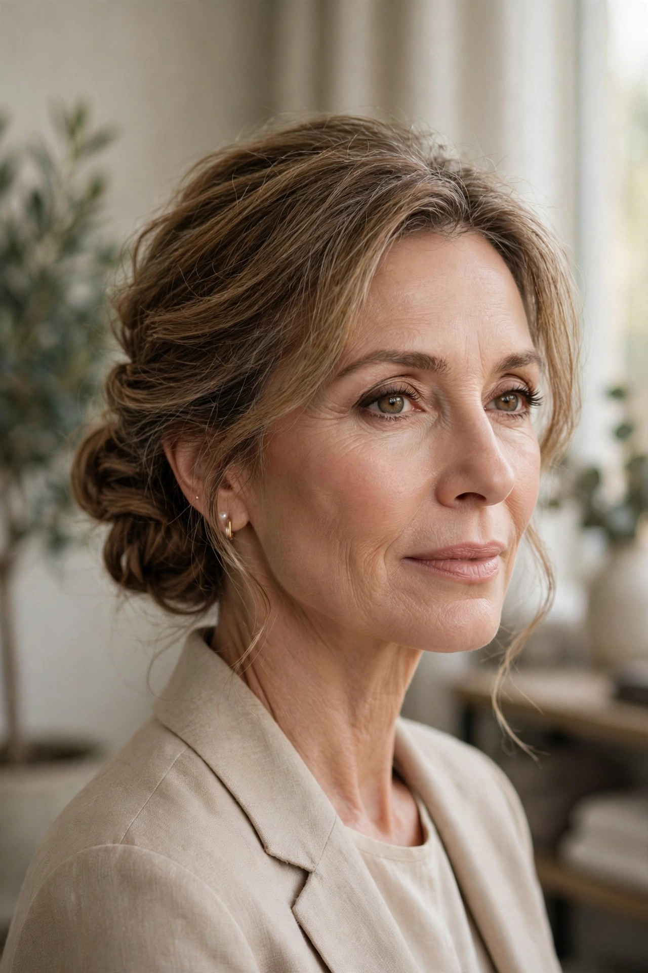 Woman over 50 with soft low side bun, romantic asymmetric updo