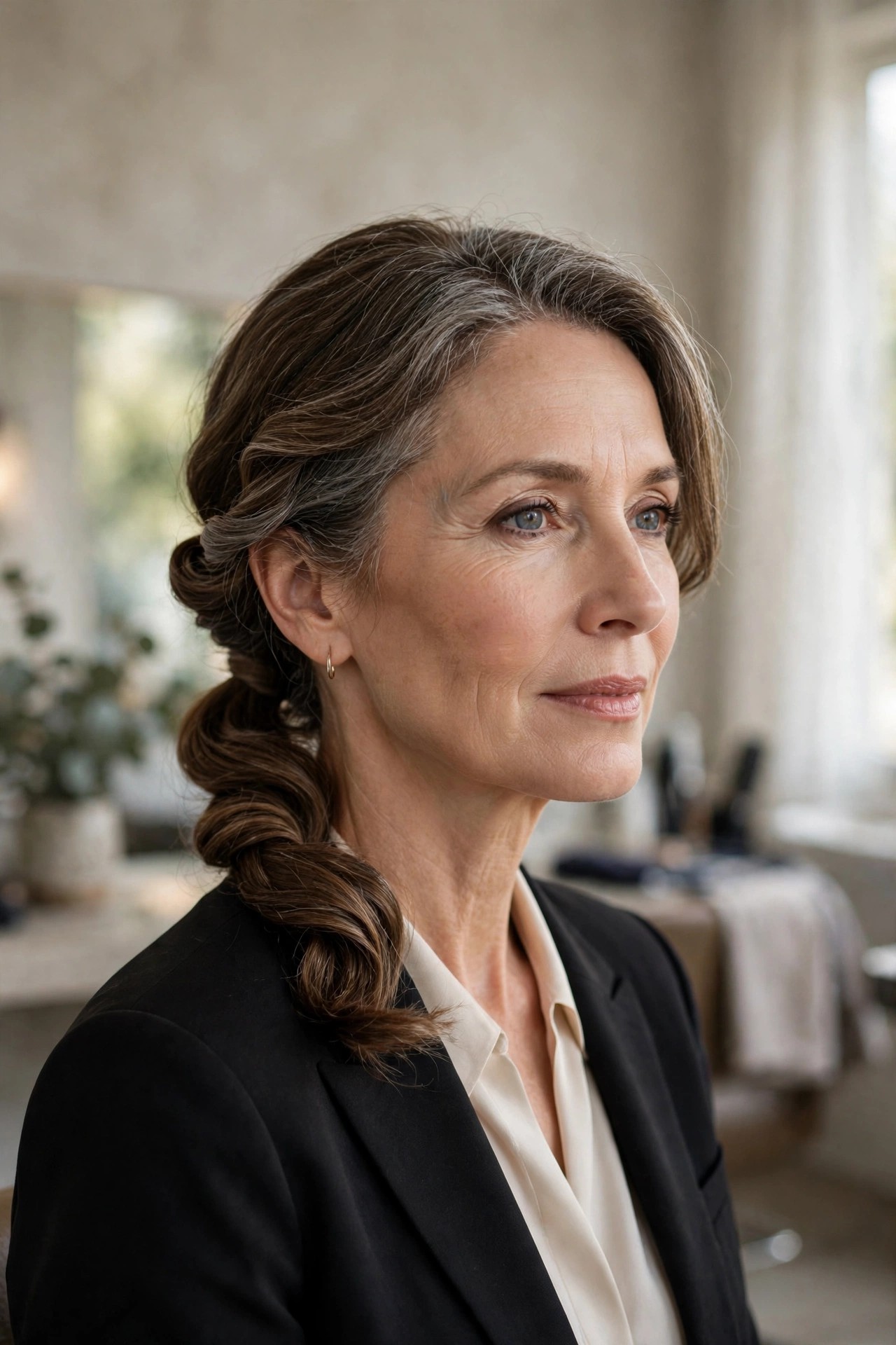 Woman over 50 with twisted low ponytail at the nape