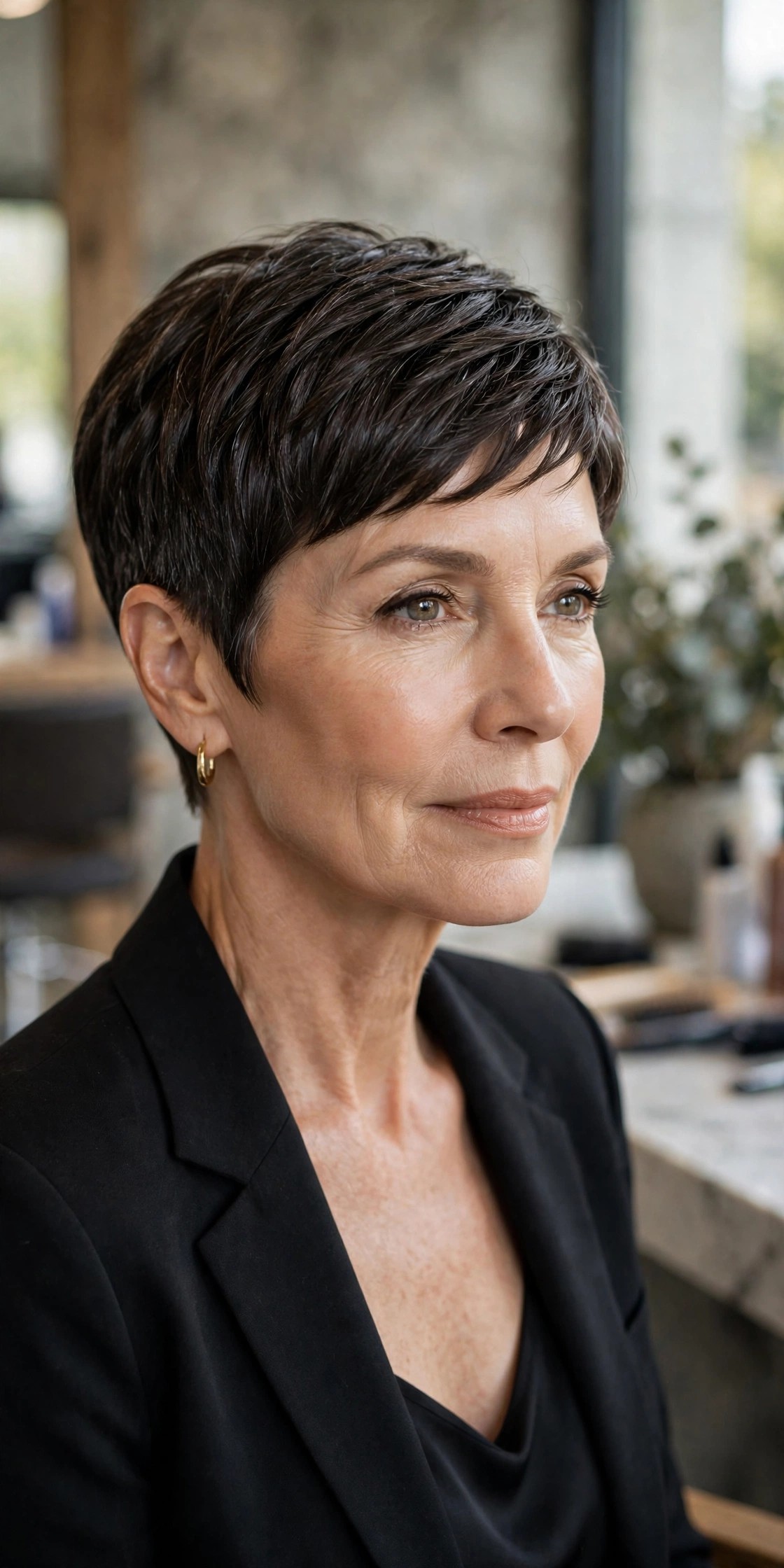 Woman over 50 with sleek pixie haircut with shine, polished short hair