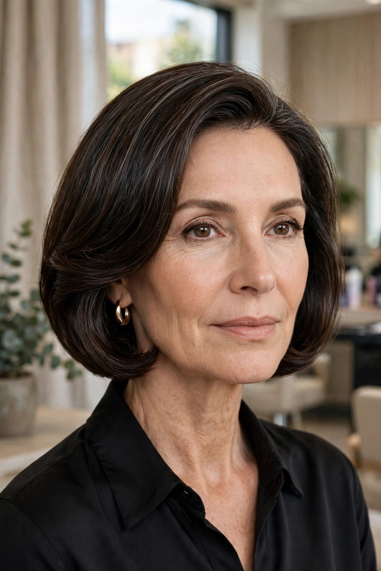 Woman over 50 with polished bob haircut, soft bend through the ends