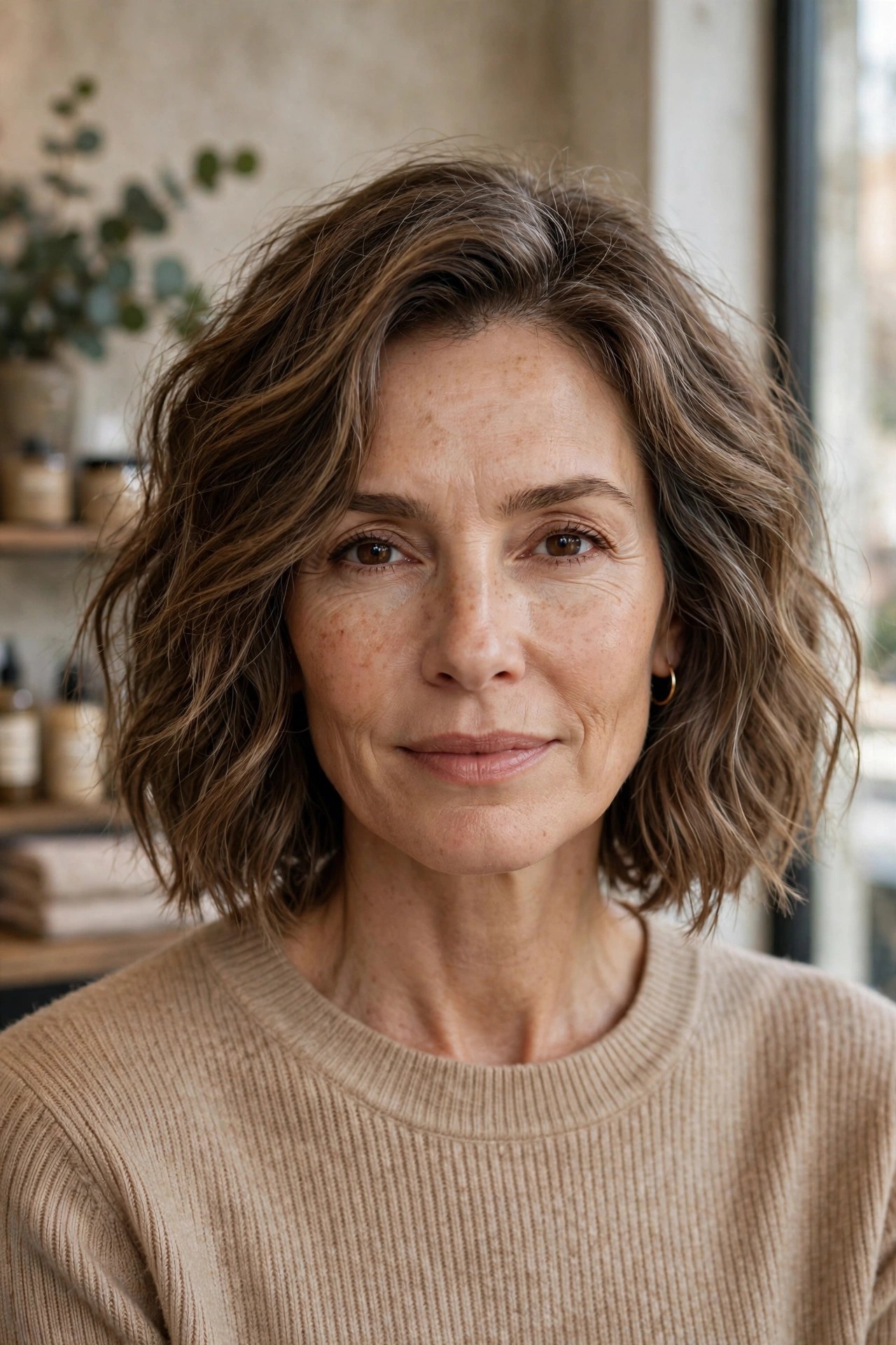 Woman over 50 with textured long bob, soft waves and natural texture
