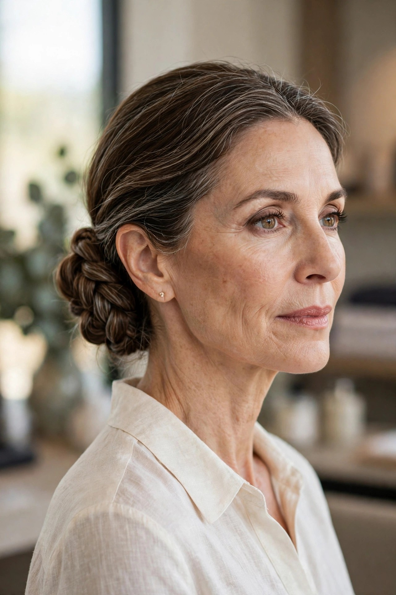 Woman over 50 with braided low bun at the nape
