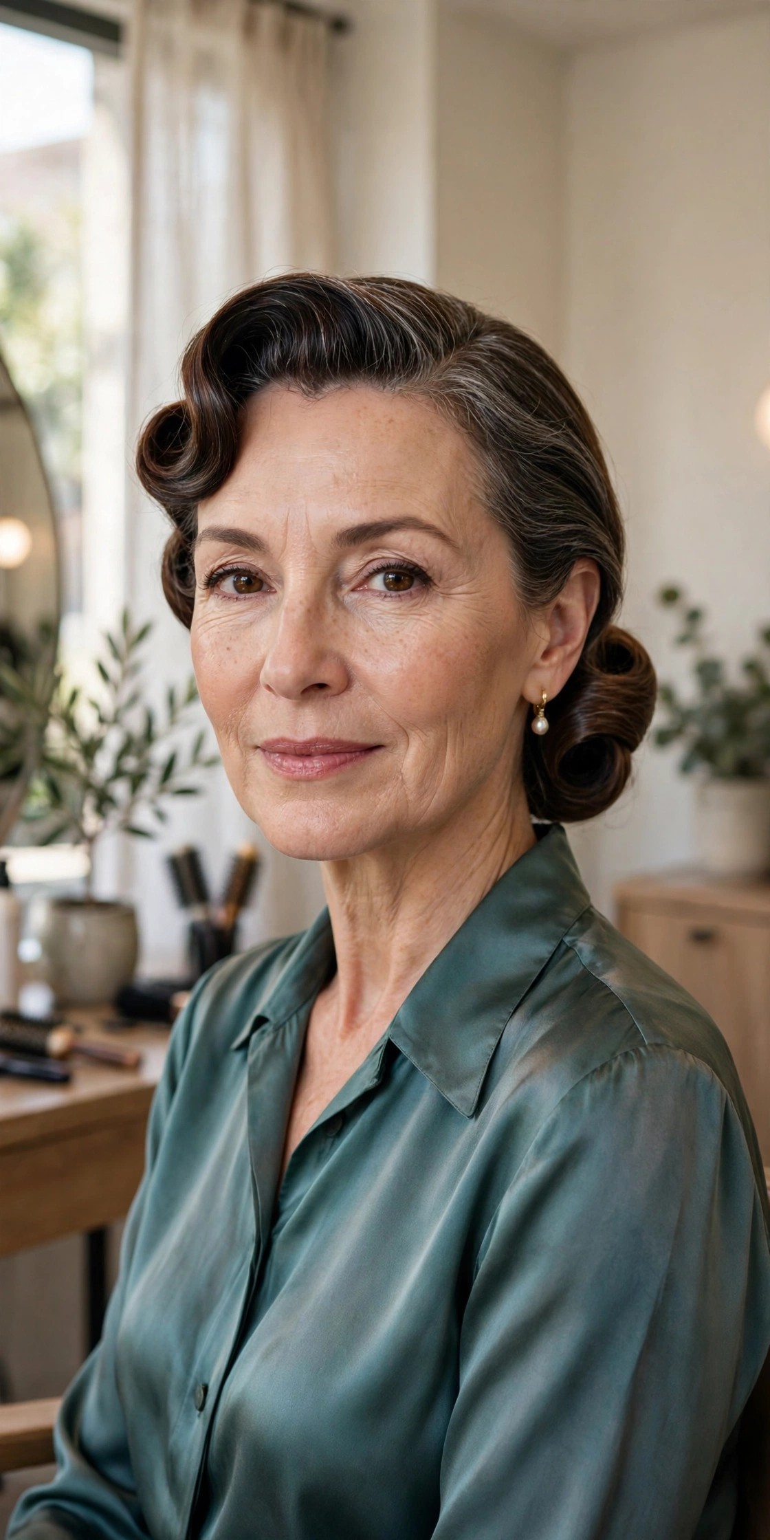 Woman over 50 with Gibson tuck hairstyle, hair rolled and tucked at the nape