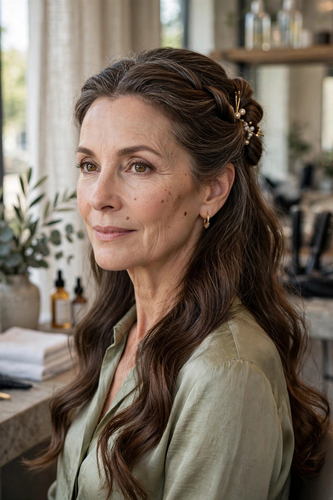 Woman over 50 with half-up twist, front sections pinned back, hair flowing