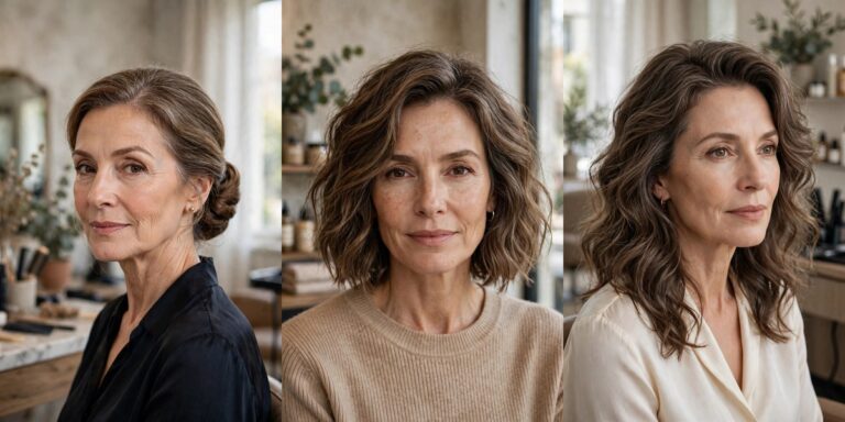 Wedding guest hairstyles for women over 50, elegant easy styles collage