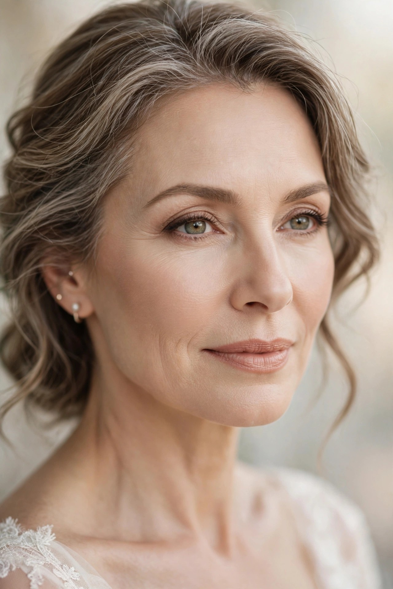 Woman over 50 with soft-focus flawless skin, smooth luminous wedding-day complexion