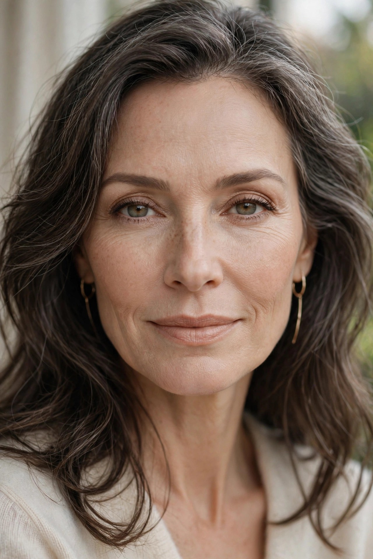 Woman over 50 with softly defined neutral eye makeup in warm browns and taupes