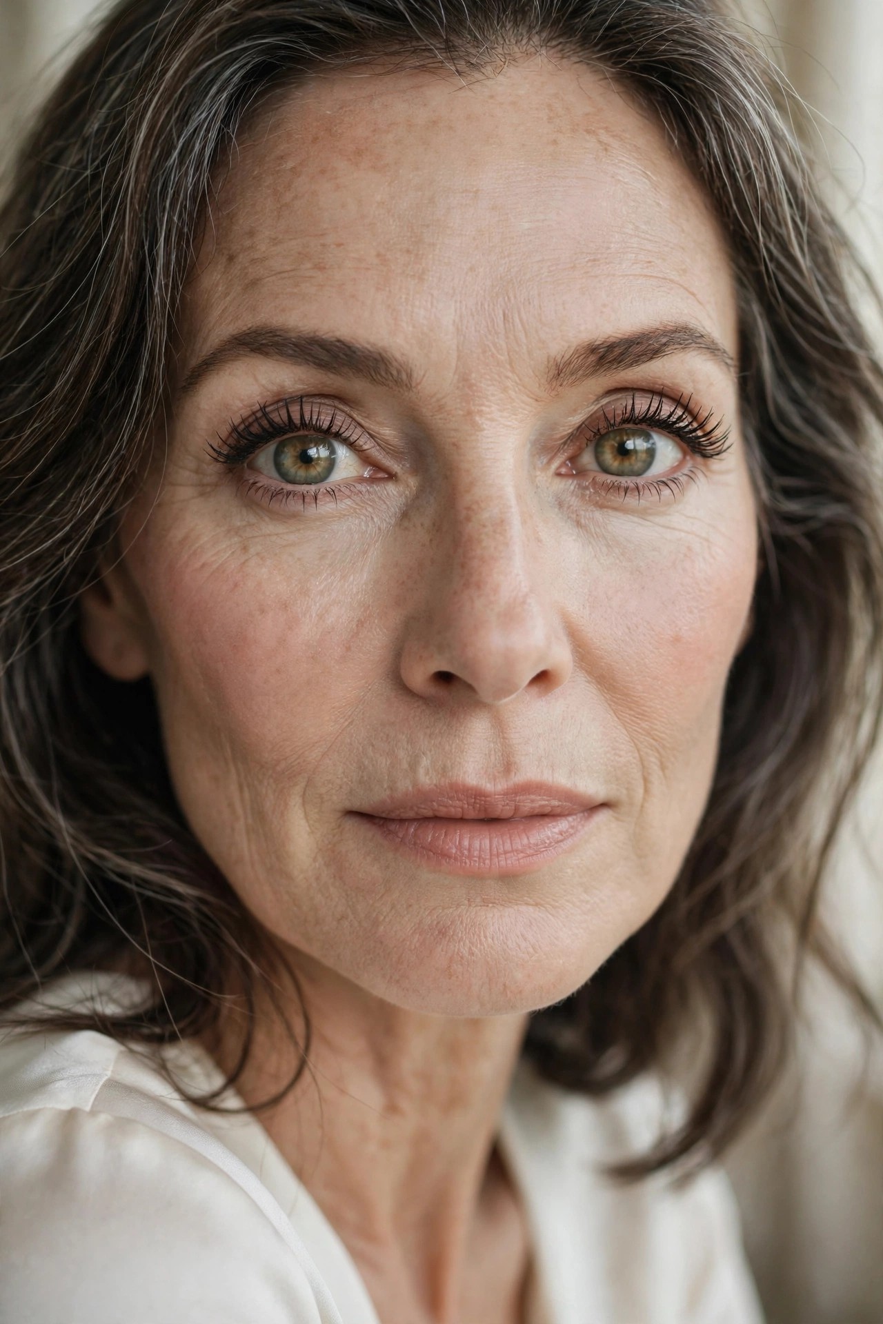 Woman over 50 with beautifully lifted separated lashes, wide-awake eyes