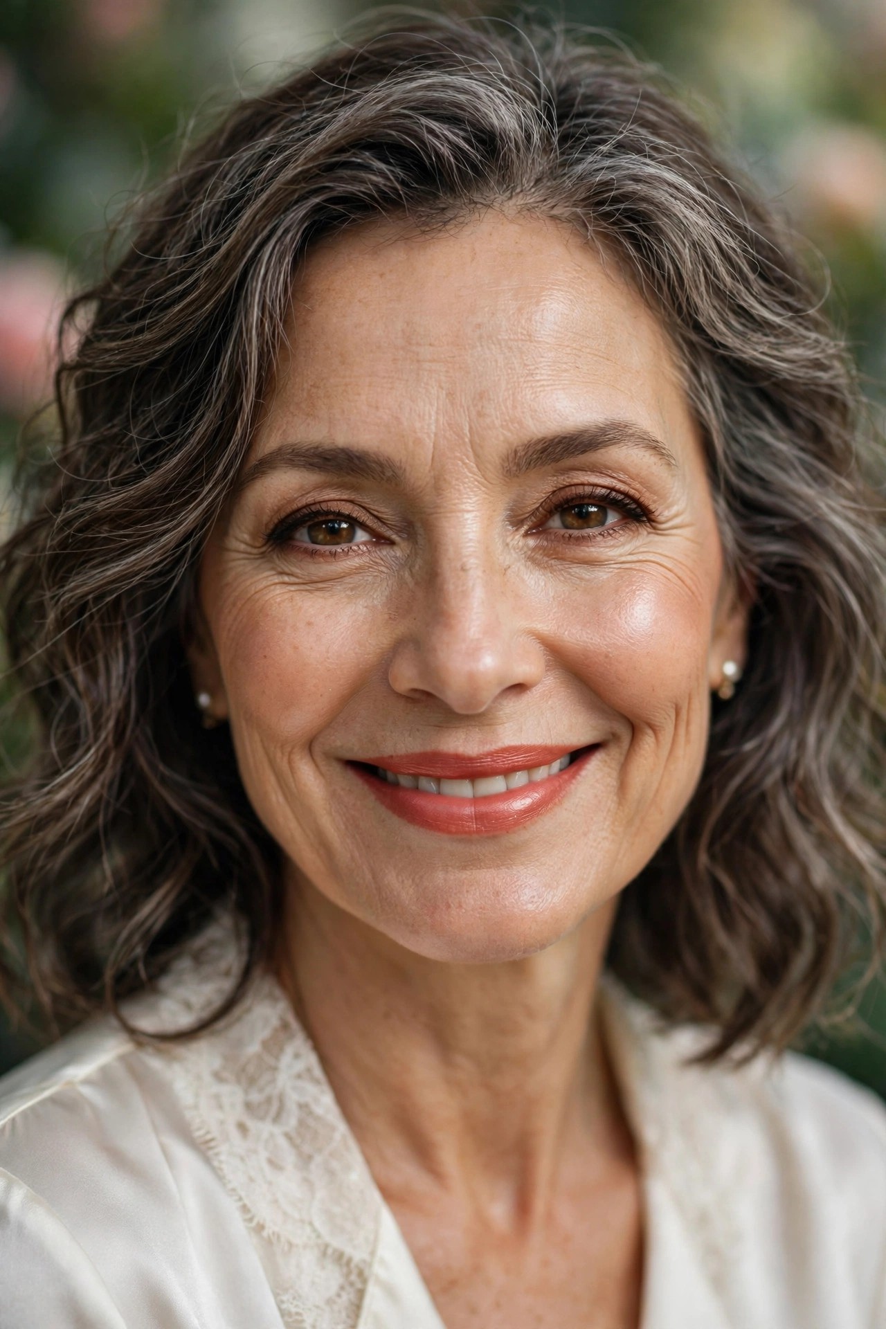 Woman over 50 wearing satin coral lipstick, joyful wedding-guest makeup