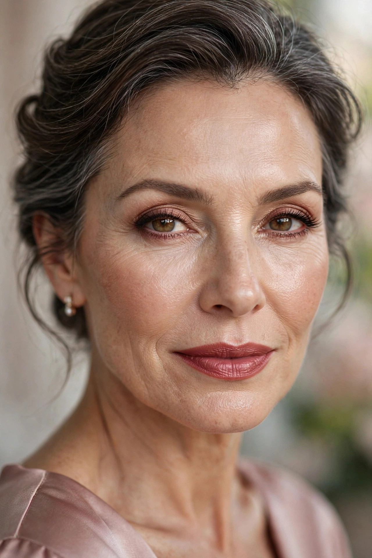 Woman over 50 wearing satin rosewood lipstick, sophisticated wedding-guest makeup