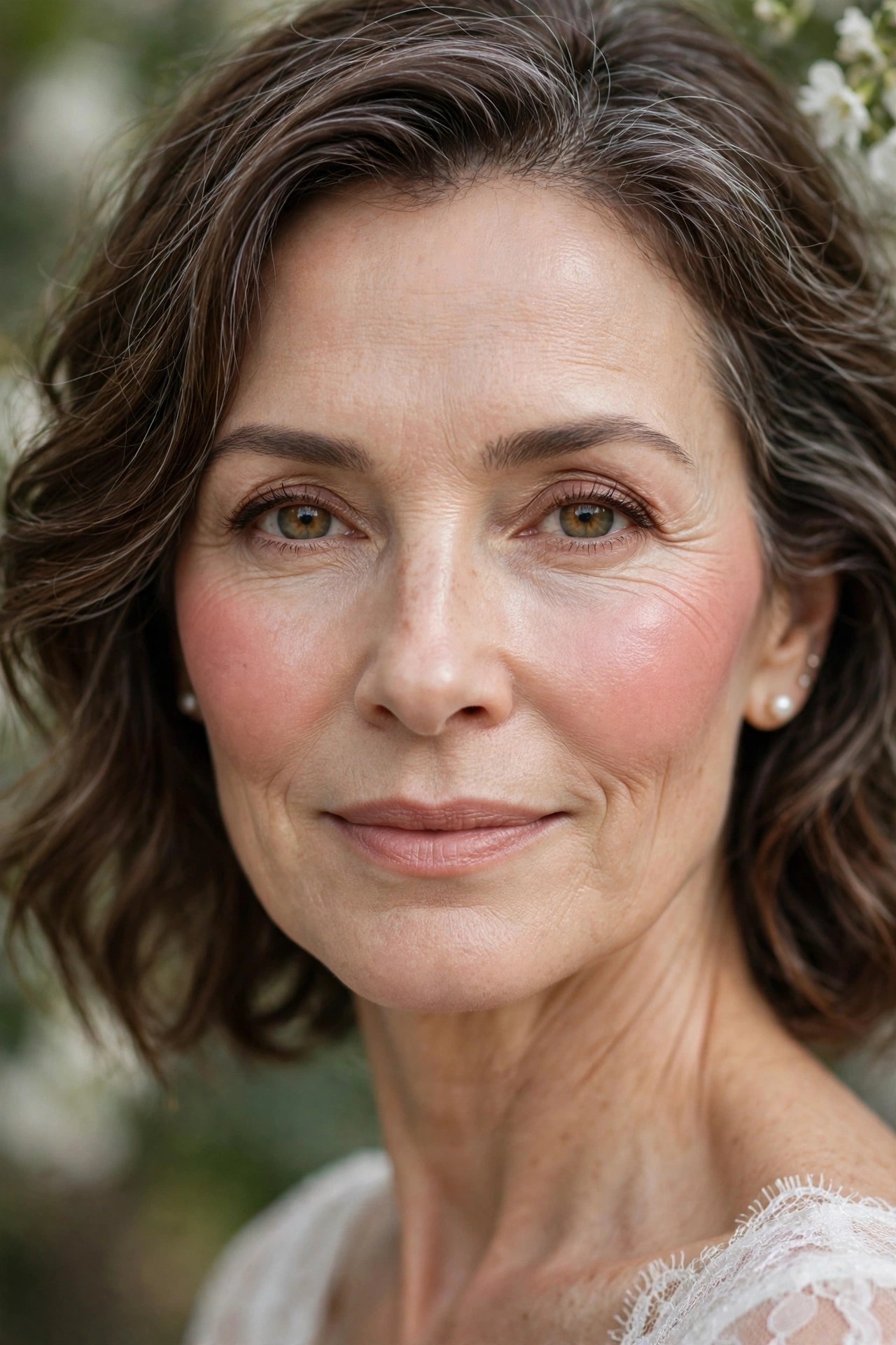 Woman over 50 with fresh rosy cream blush on cheeks, natural wedding-day flush