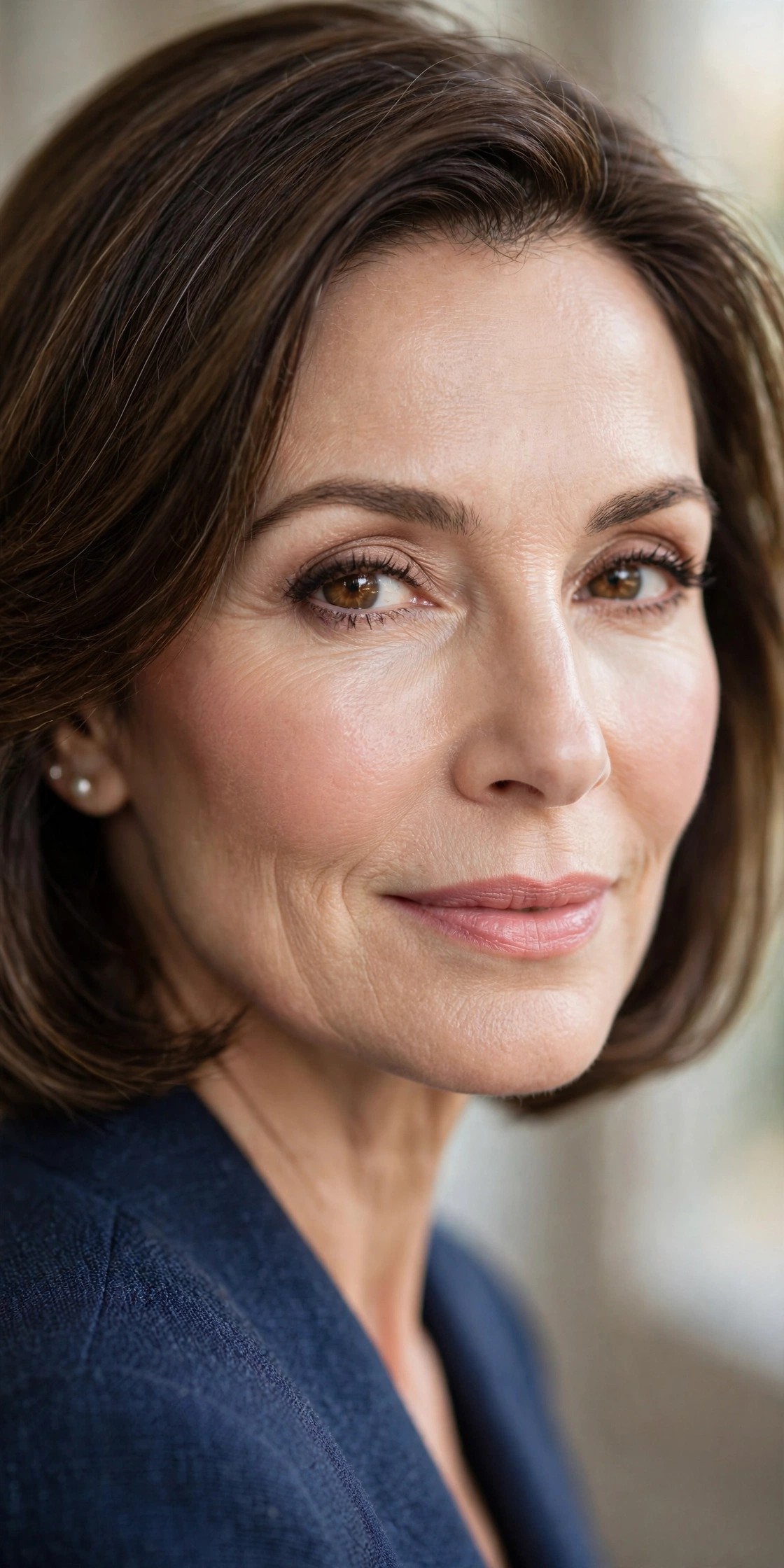 Woman over 50 with fresh natural makeup, dewy balanced skin, refined wedding look