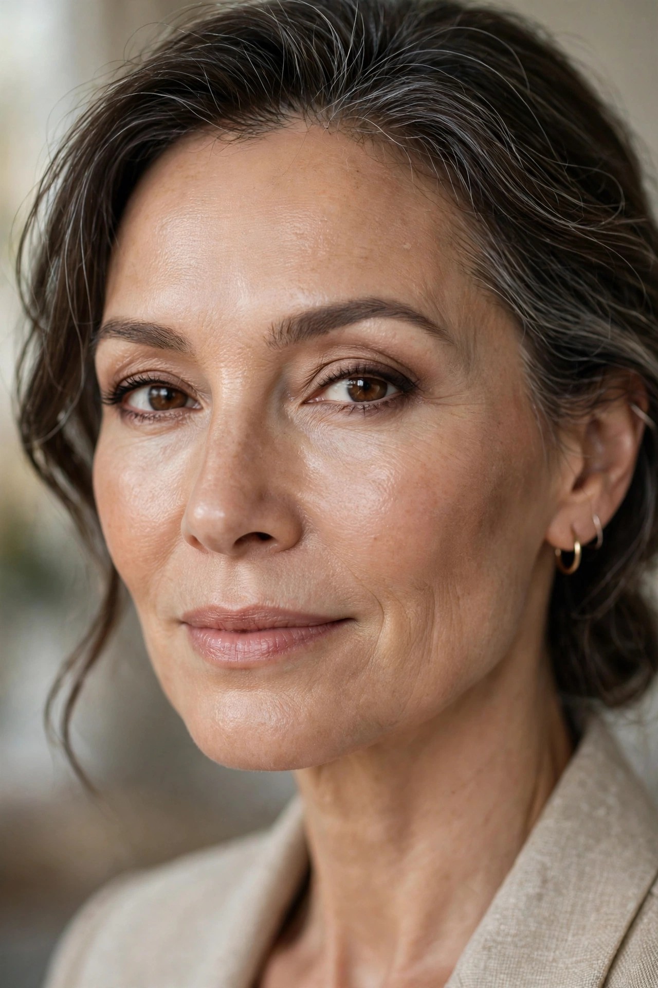 Woman over 50 with smooth natural matte-satin skin finish, even refined complexion