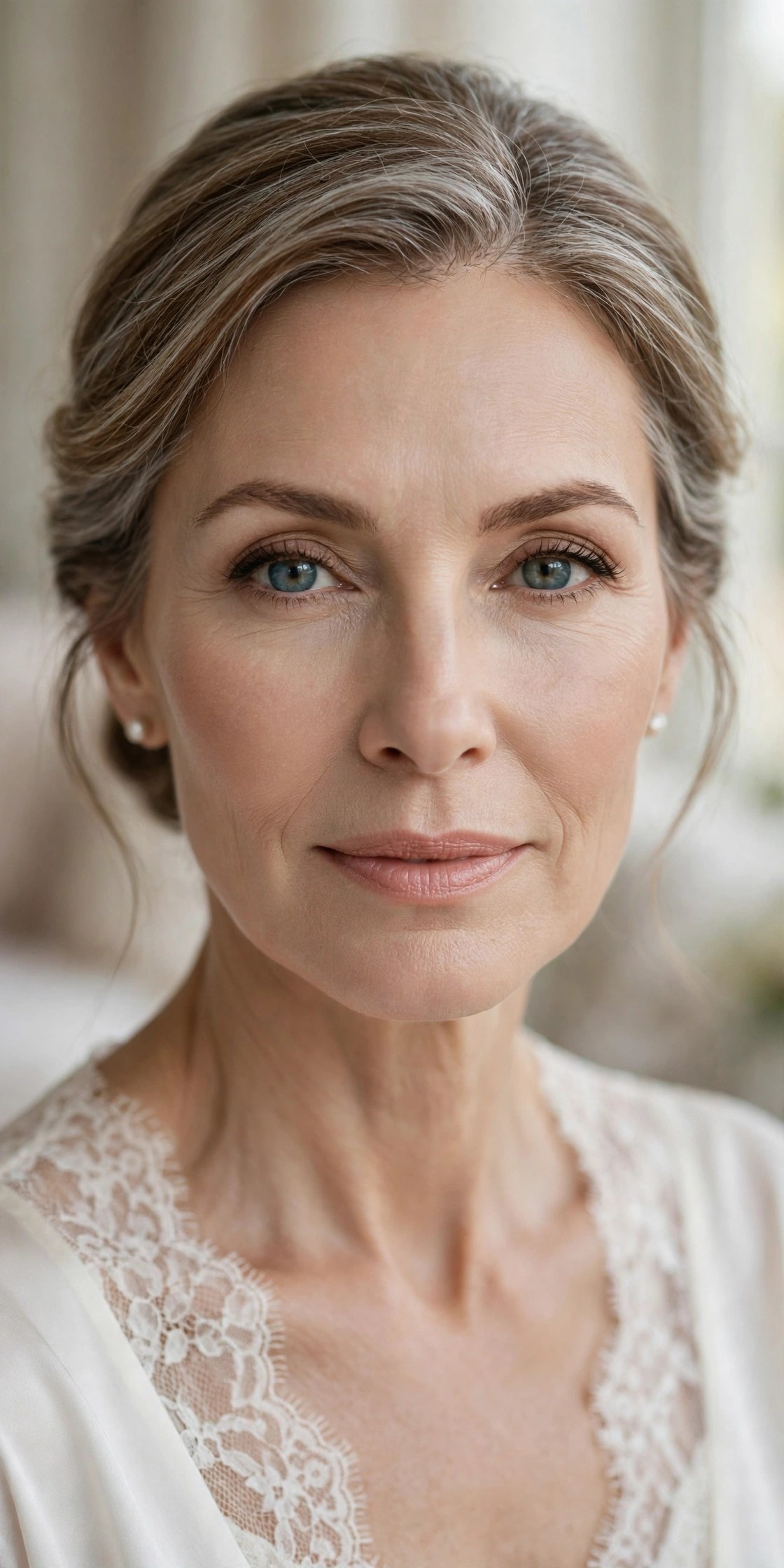 Woman over 50 with flawless finished wedding-guest makeup, fresh polished look