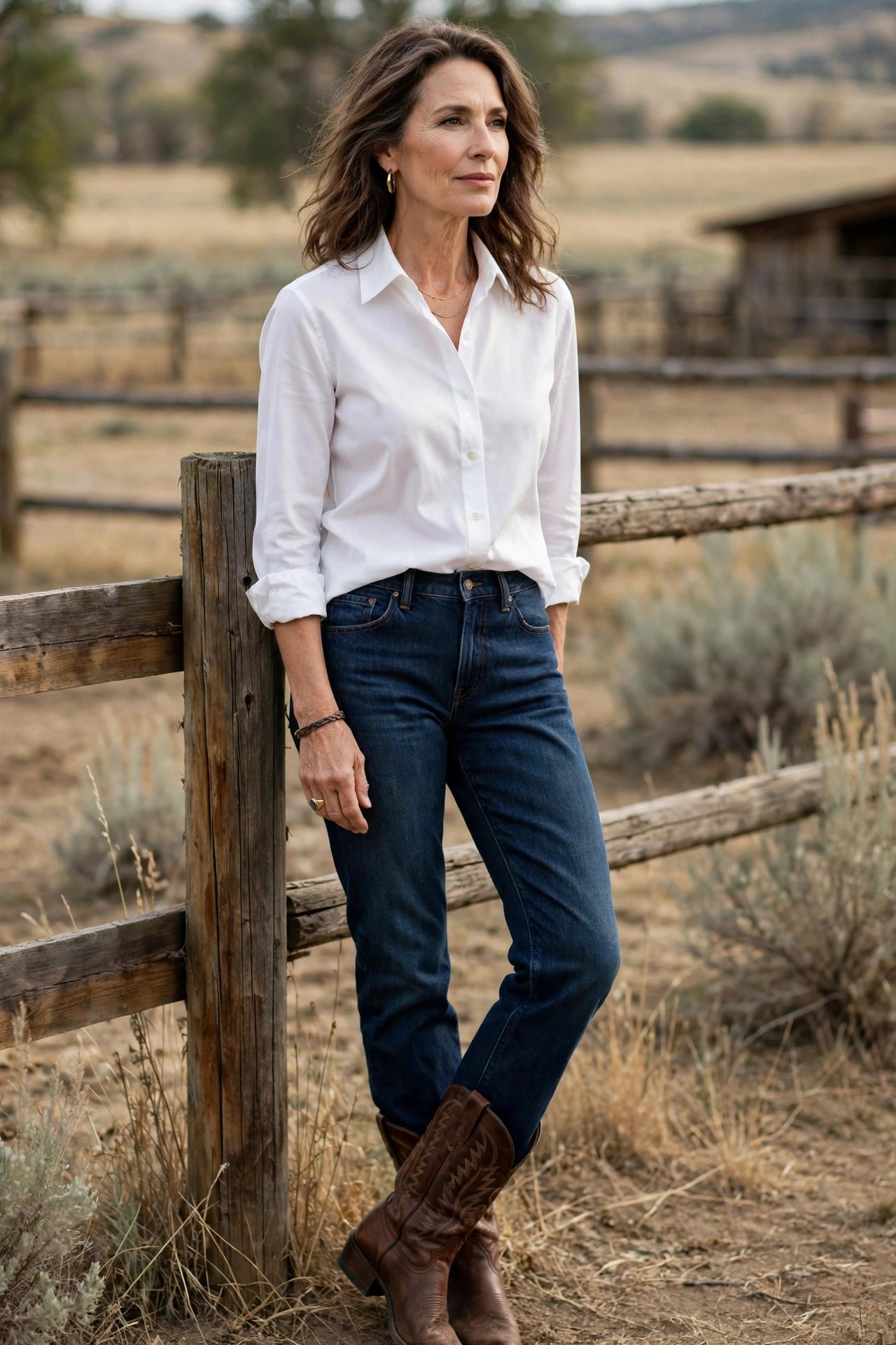 Elegant woman in her 50s in brown cowboy boots, dark jeans and a white blouse at a ranch fence